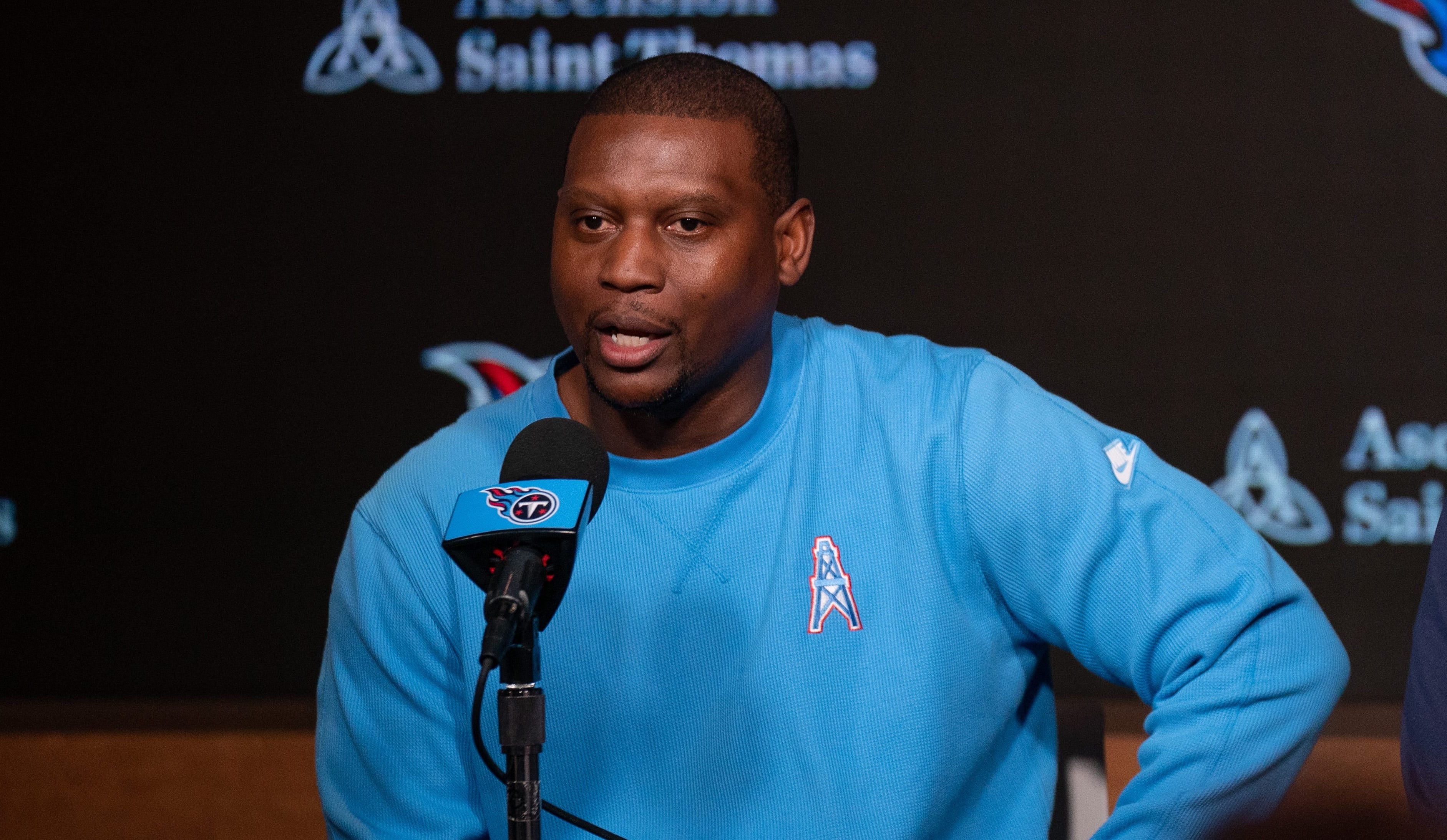 Tennessee Titans Defensive Coordinator Dennard Wilson, left, fields questions with Head Coach Brian Callahan at Ascension Saint Thomas Sports Park in Nashville, Tenn., Wednesday, Feb. 14, 2024 Denny Simmons / The Tennessean-USA TODAY NETWORK