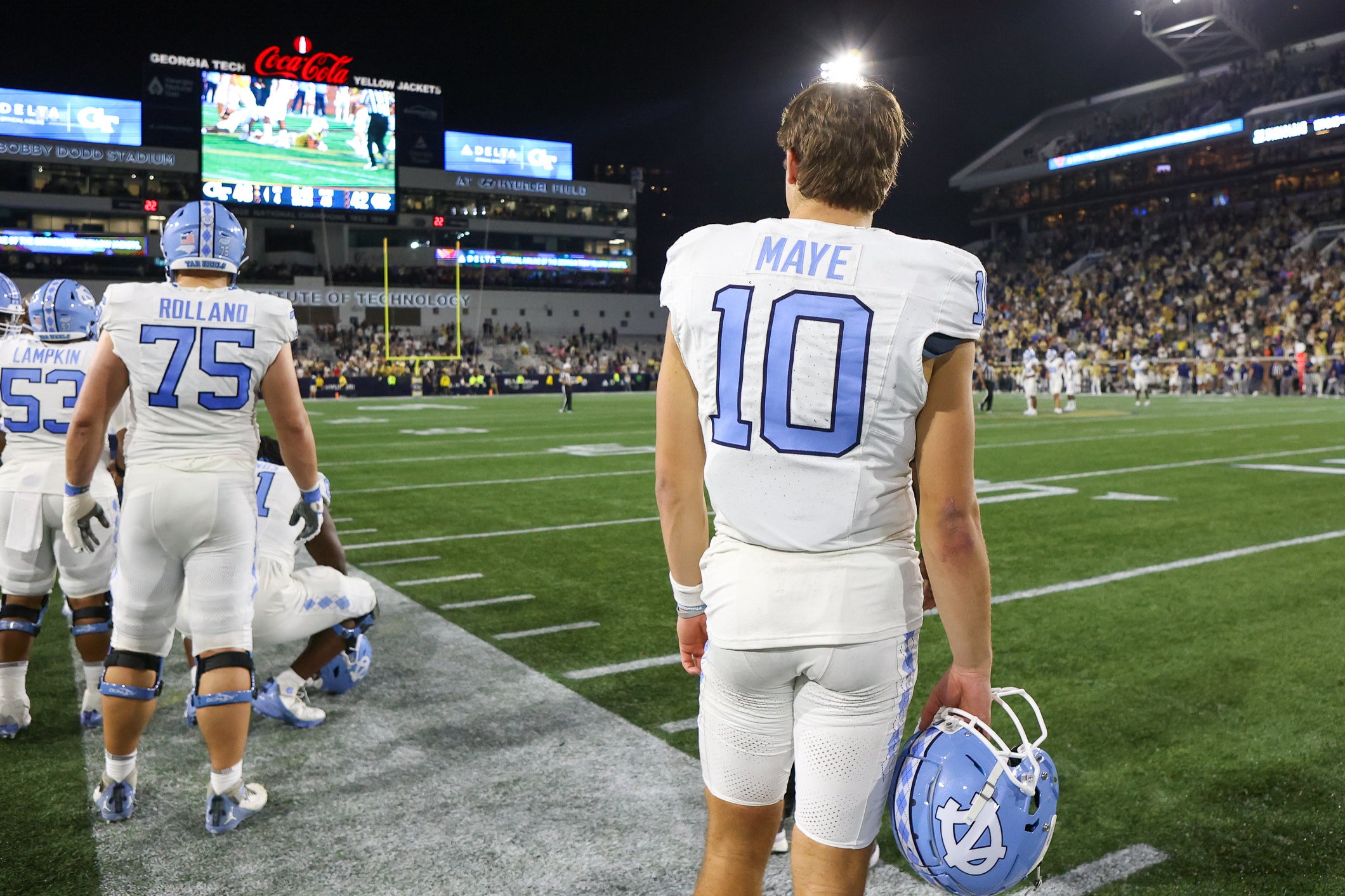 Oct 28, 2023; Atlanta, Georgia, USA; North Carolina Tar Heels quarterback Drake Maye (10) looks at the scoreboard against the Georgia Tech Yellow Jackets in the second half at Bobby Dodd Stadium at Hyundai Field. Mandatory Credit: Brett Davis-USA TODAY Sports  