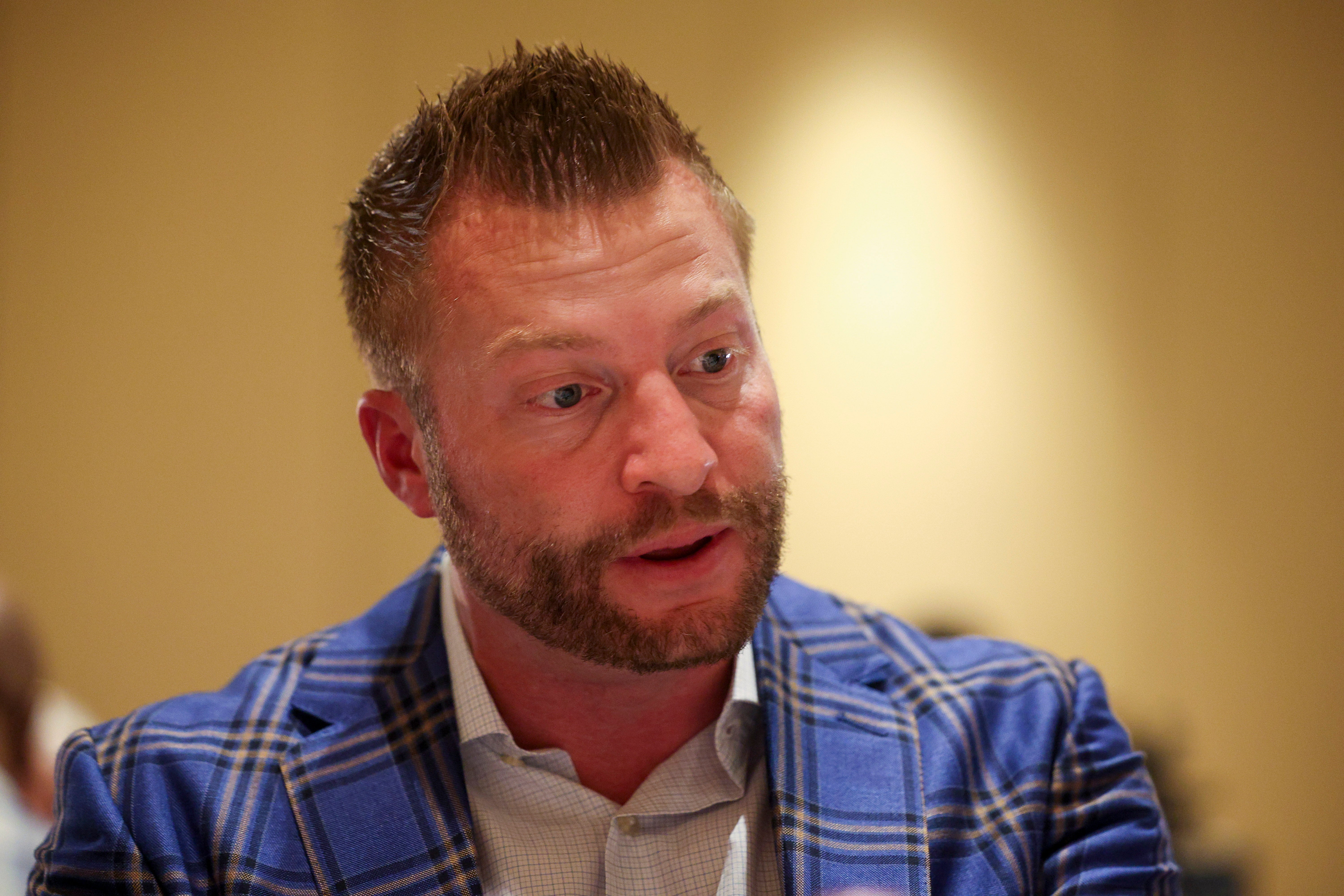 Mar 26, 2024; Orlando, FL, USA; Los Angeles Rams head coach Sean McVay speaks to the media during the NFL annual league meetings at the JW Marriott. Mandatory Credit: Nathan Ray Seebeck-USA TODAY Sports