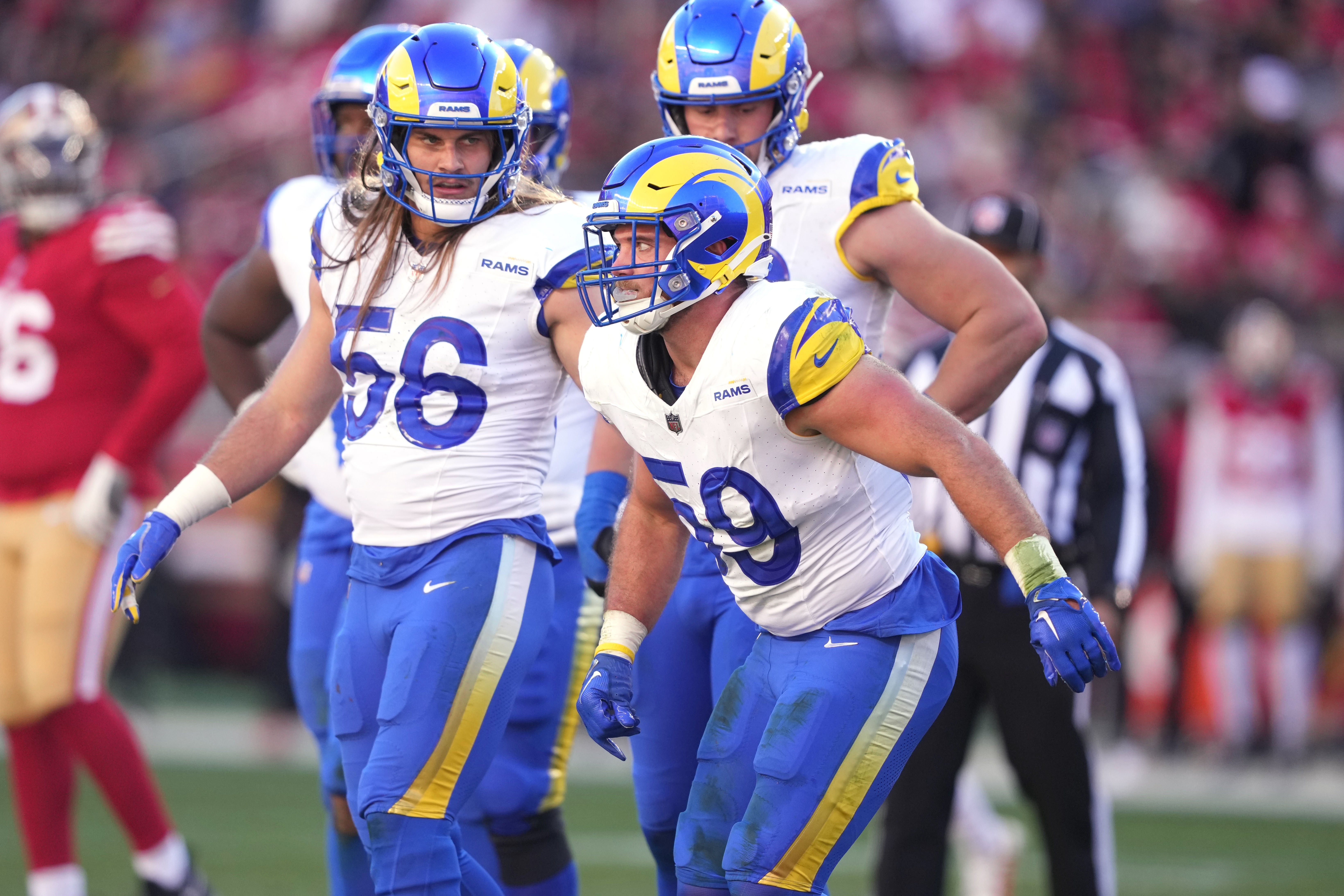Jan 7, 2024; Santa Clara, California, USA; Los Angeles Rams linebacker Troy Reeder (59) hobbles after an injury during the second quarter against the San Francisco 49ers at Levi's Stadium. Mandatory Credit: Darren Yamashita-USA TODAY Sports