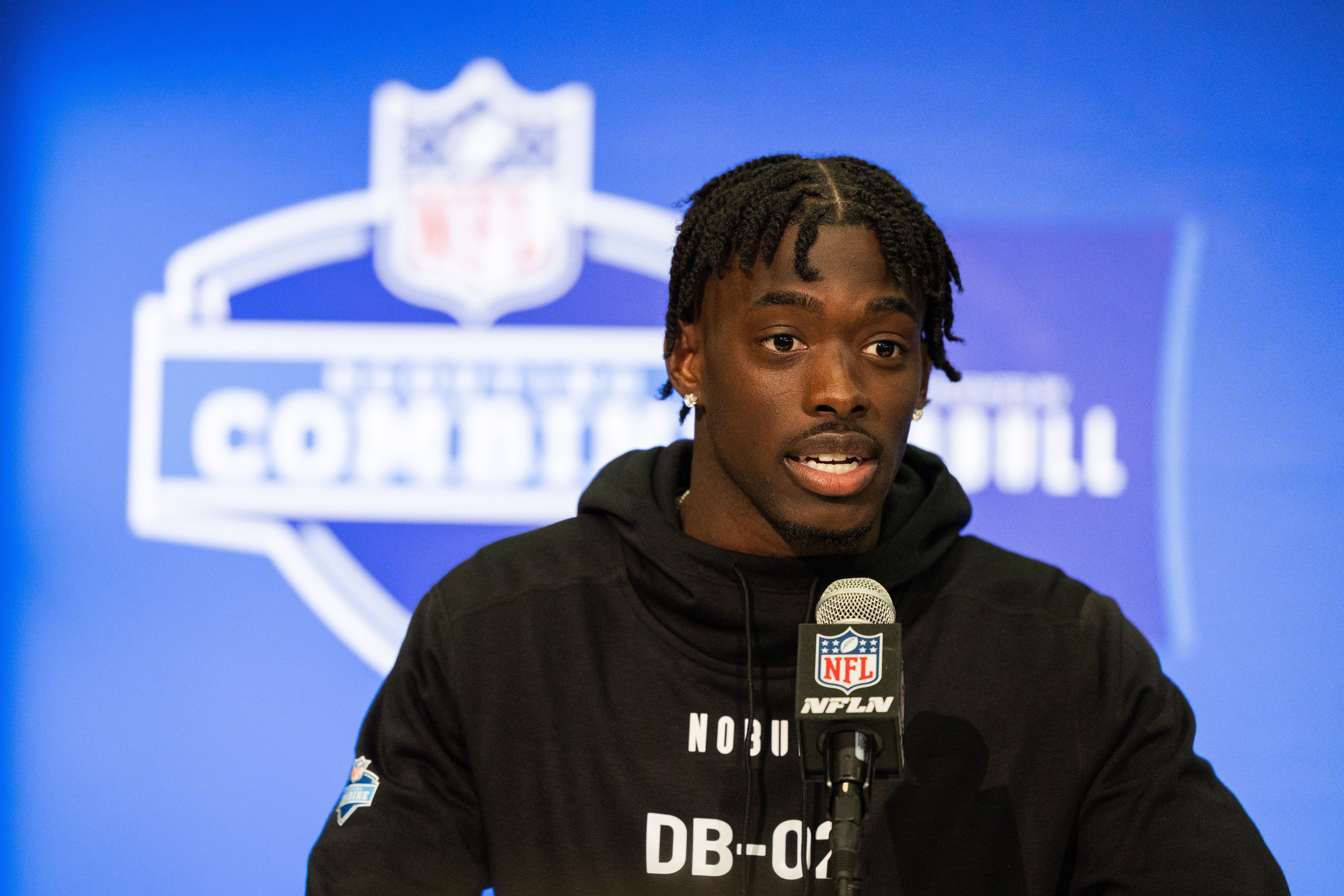 Feb 29, 2024; Indianapolis, IN, USA; Alabama defensive back Terrion Arnold (DB02) talks to the media during the 2024 NFL Combine at Lucas Oil Stadium.