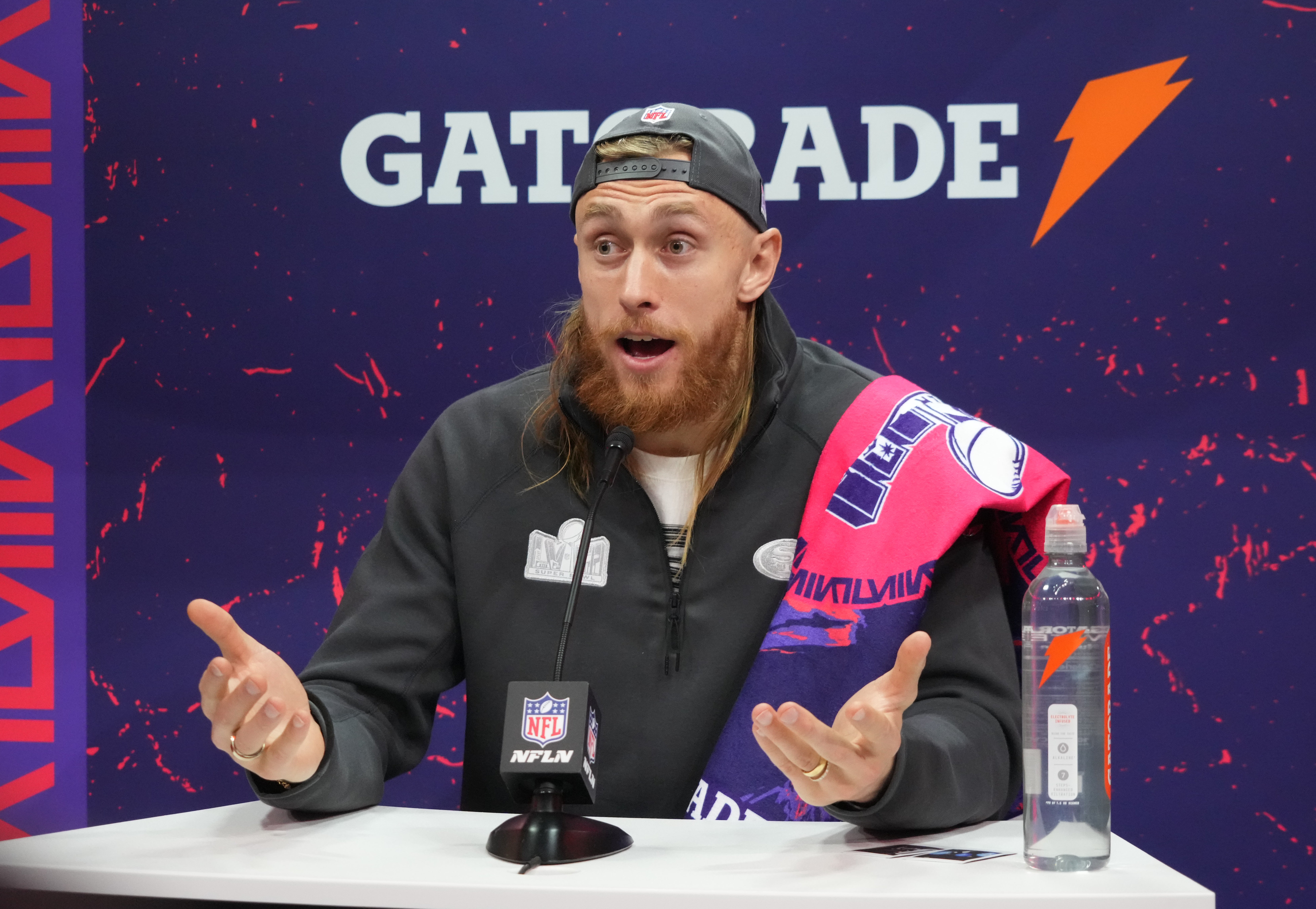 Feb 5, 2024; Las Vegas, NV, USA; San Francisco 49ers tight end George Kittle (85) during Super Bowl LVIII Opening Night at Allegiant Stadium.