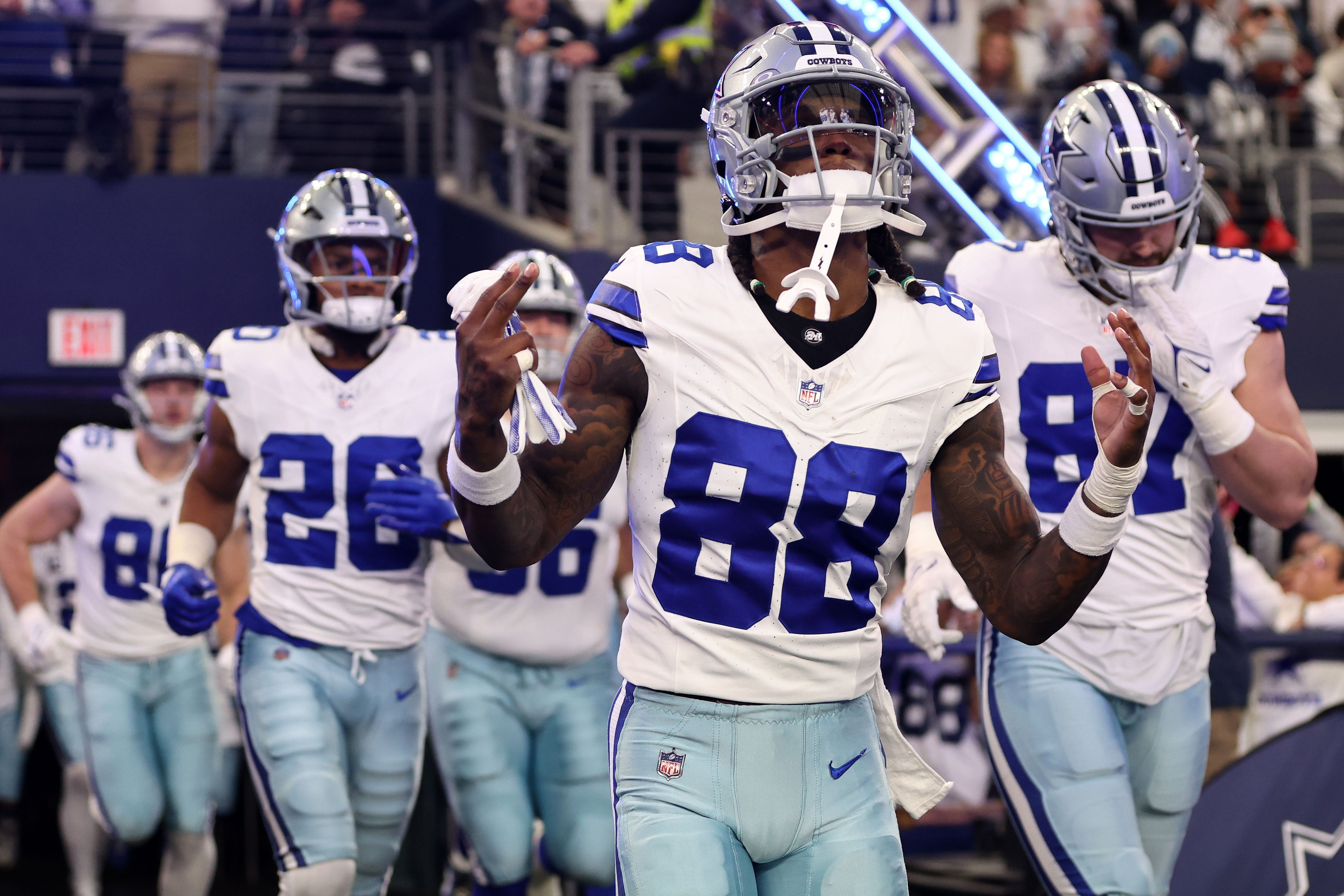 Dallas Cowboys wide receiver CeeDee Lamb (88) takes the field against the Green Bay Packers for the 2024 NFC wild card game at AT&T Stadium.