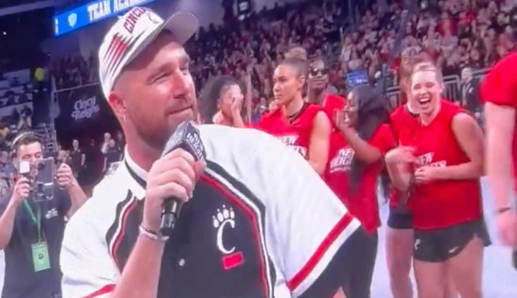 Travis Kelce during the New Heights live show at the University of Cincinnati