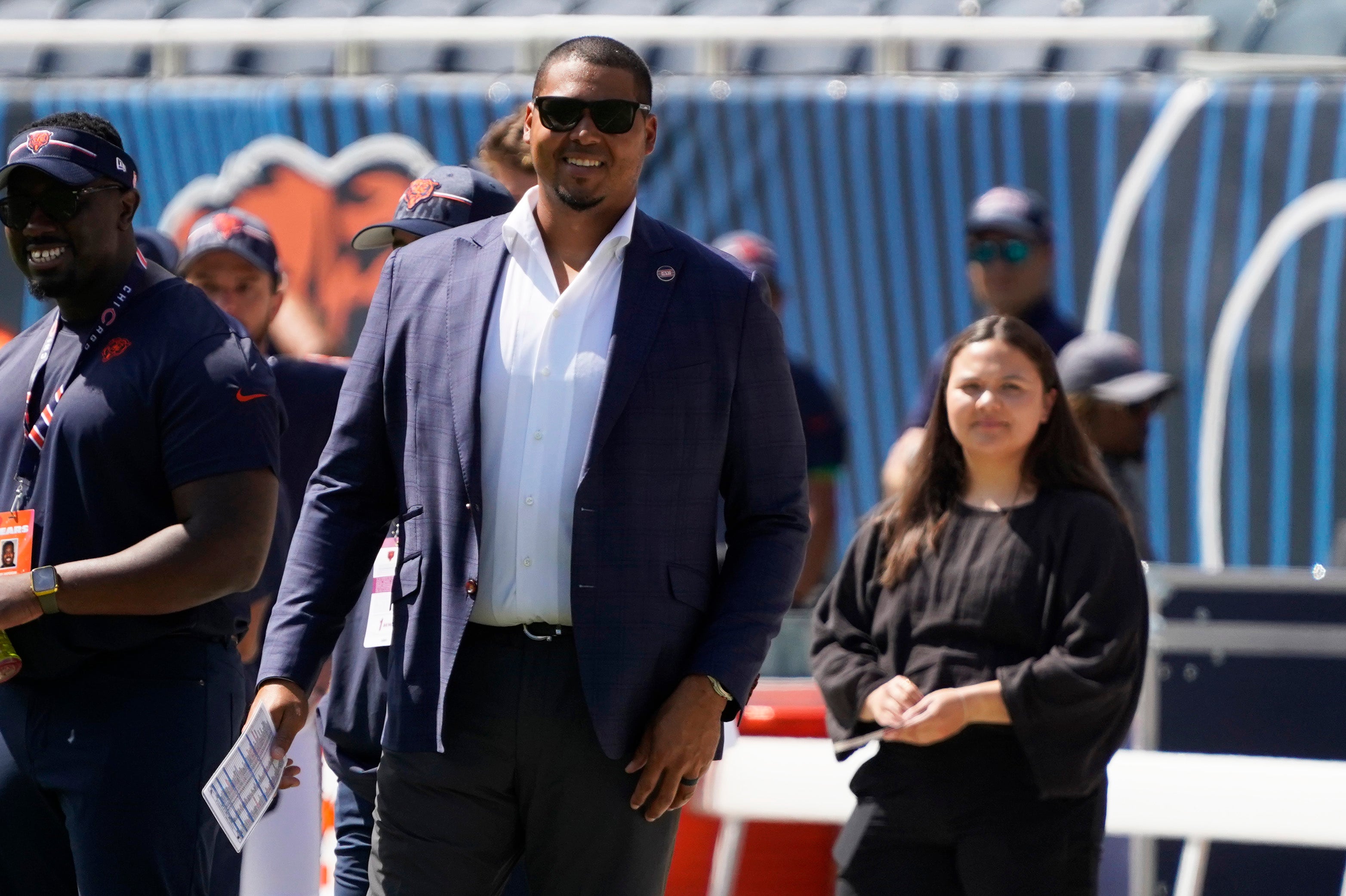 Aug 12, 2023; Chicago, Illinois, USA; ryan Poles, general manager of the Chicago Bears watches warms ups before the game between the Chicago Bears and the Tennessee Titans at Soldier Field.