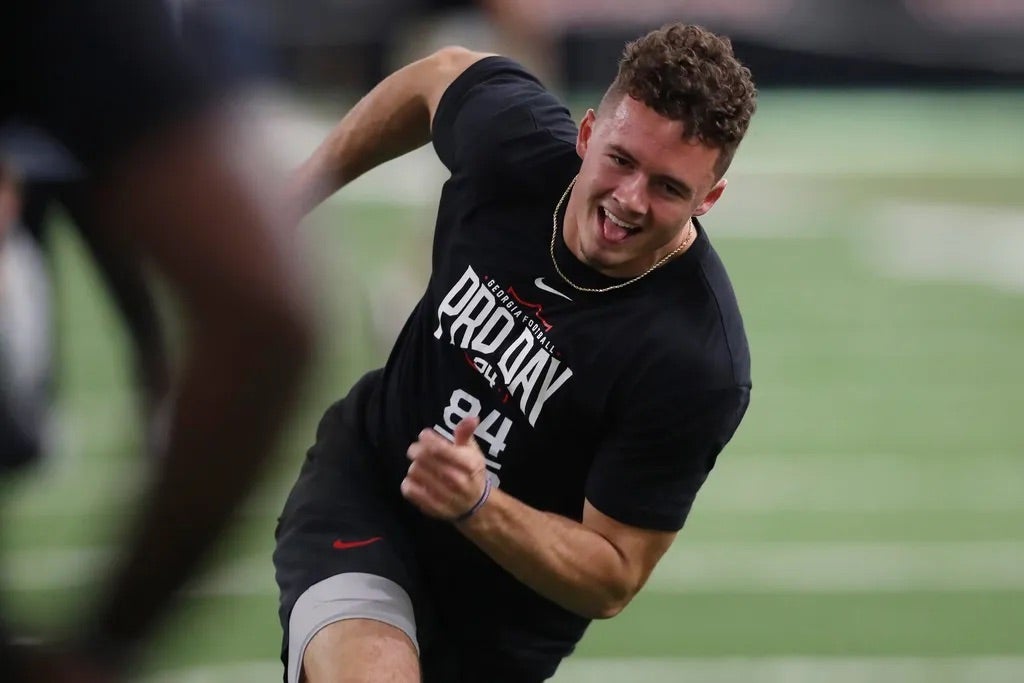 Georgia wide receiver Ladd McConkey runs a drill during Georgia football's Pro Day in Athens, Ga., on Wednesday, March 13, 2024.