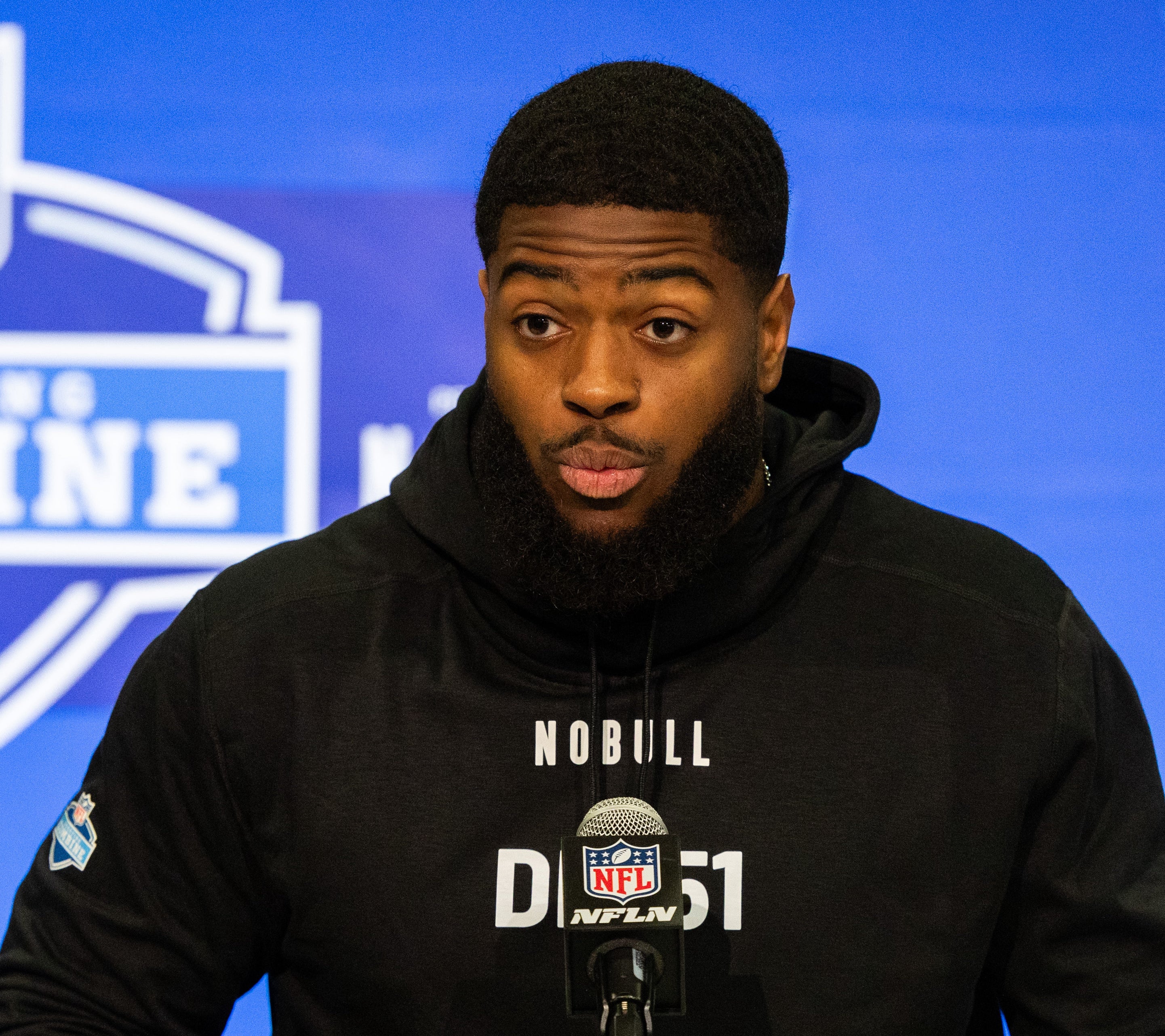 Feb 28, 2024; Indianapolis, IN, USA; Florida State defensive lineman Jared Verse (DL51) talks to the media at the 2024 NFL Combine at Indiana Convention Center.
