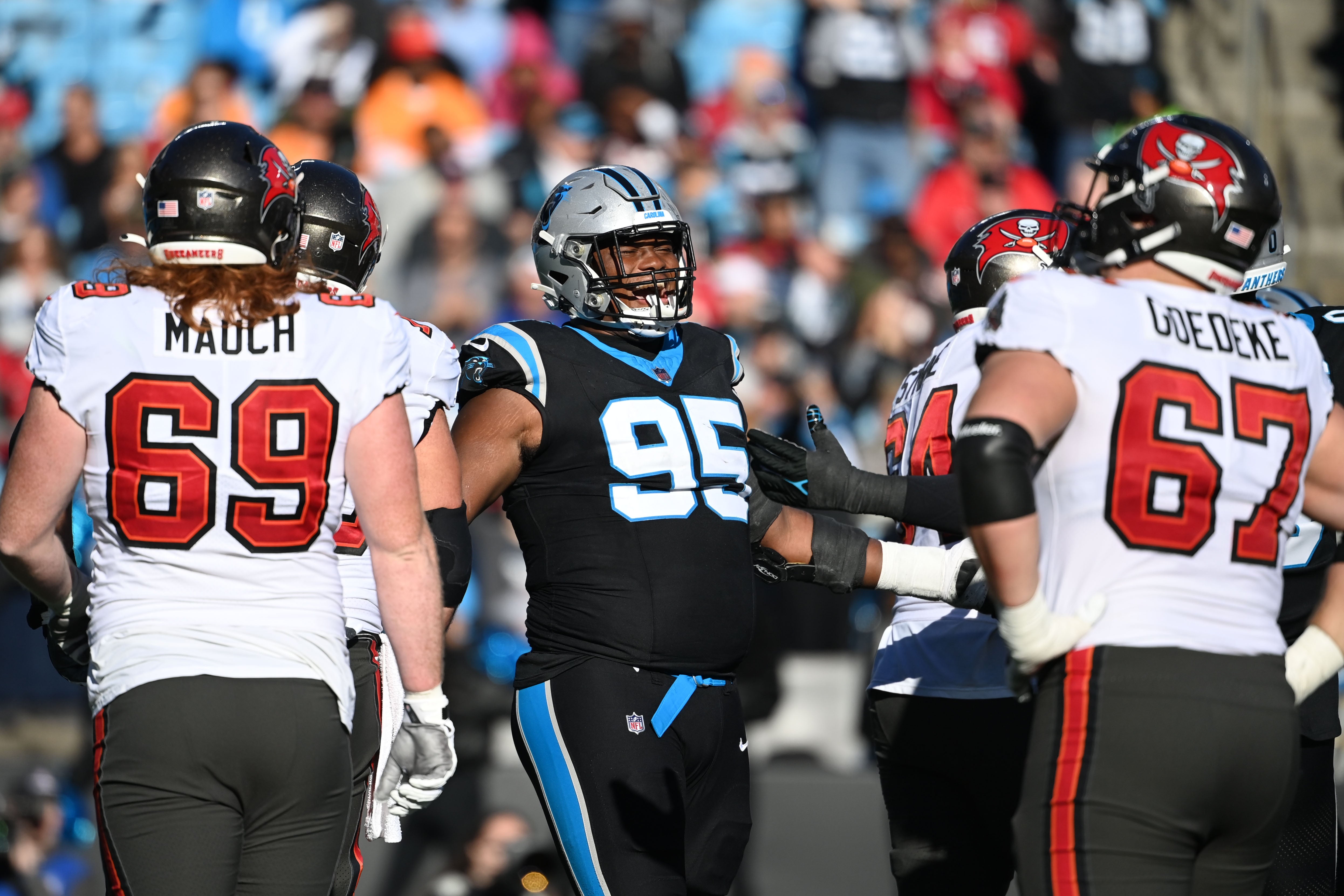 Jan 7, 2024; Charlotte, North Carolina, USA; Carolina Panthers defensive tackle Derrick Brown (95) reacts in the third quarter at Bank of America Stadium. Mandatory Credit: Bob Donnan-USA TODAY Sports