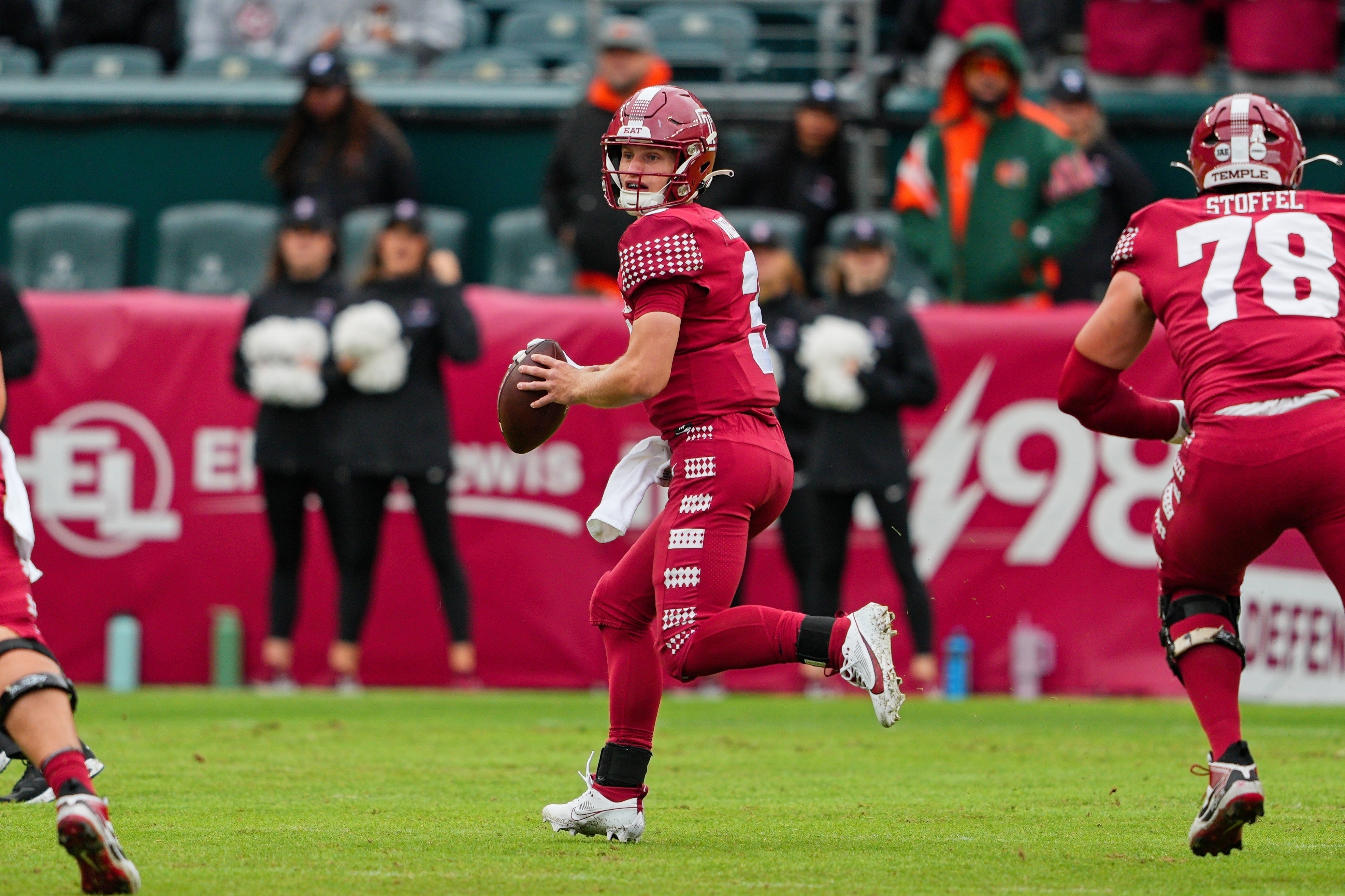 Sep 23, 2023; Philadelphia, Pennsylvania, USA; Temple Owls quarterback E.J. Warner (3) scrambles in the first quarter against the Miami Hurricanes at Lincoln Financial Field.
