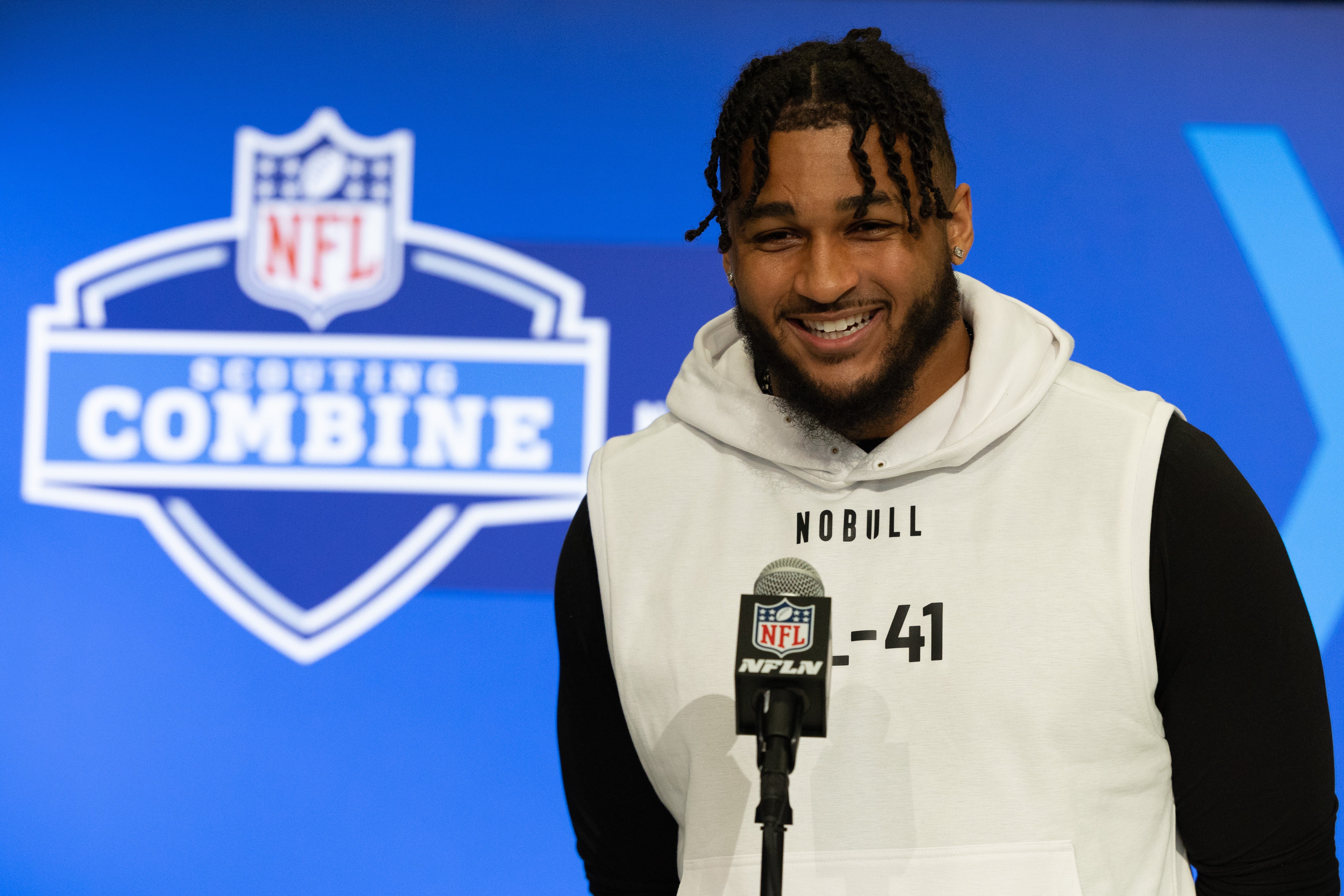 Feb 28, 2024; Indianapolis, IN, USA; Western Michigan defensive lineman Marshawn Kneeland (DL41) talks to the media at the 2024 NFL Combine at Indiana Convention Center.