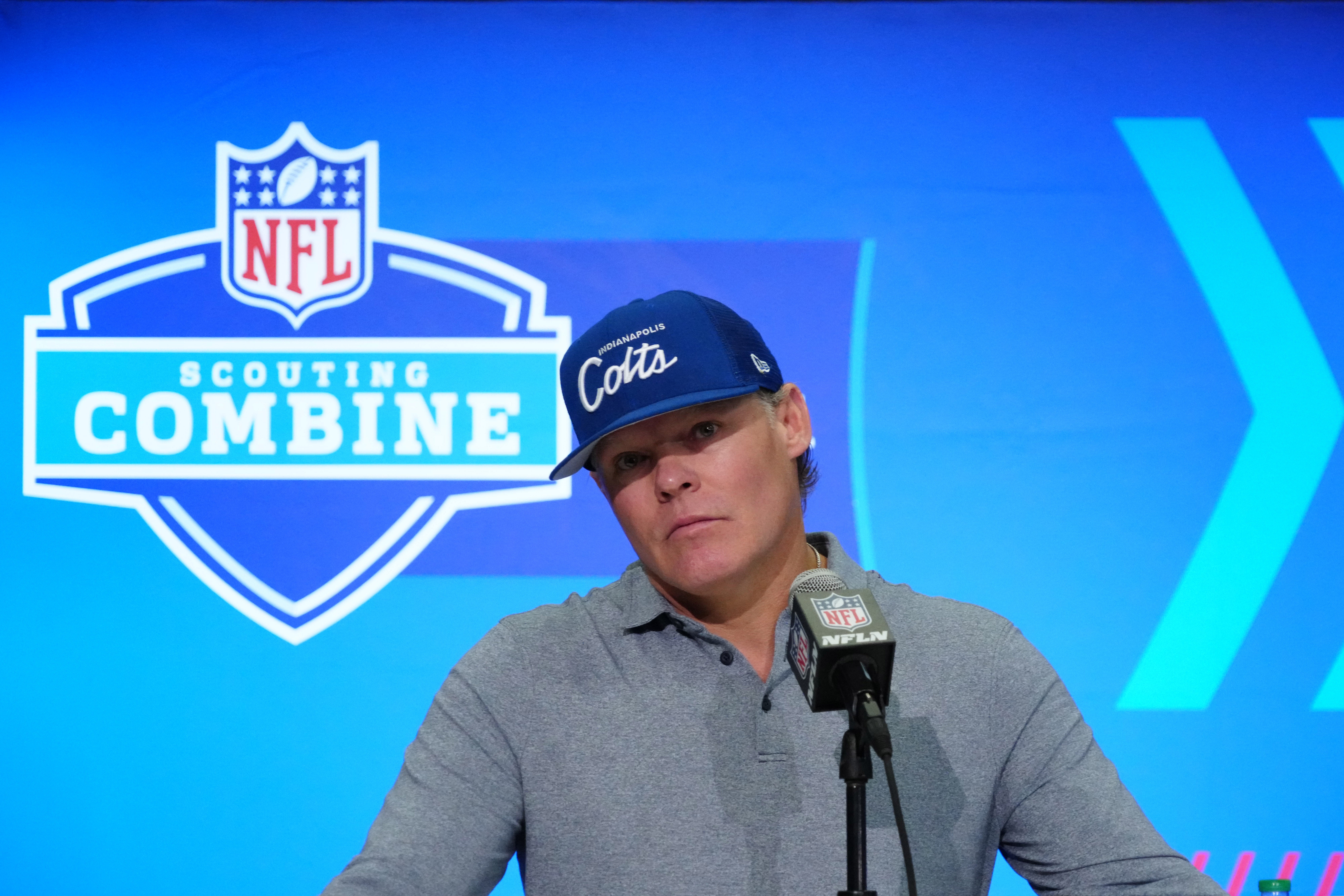Feb 28, 2024; Indianapolis, IN, USA; Indianapolis Colts general manager Chris Ballard speaks at a press conference at the NFL Scouting Combine at Indiana Convention Center.