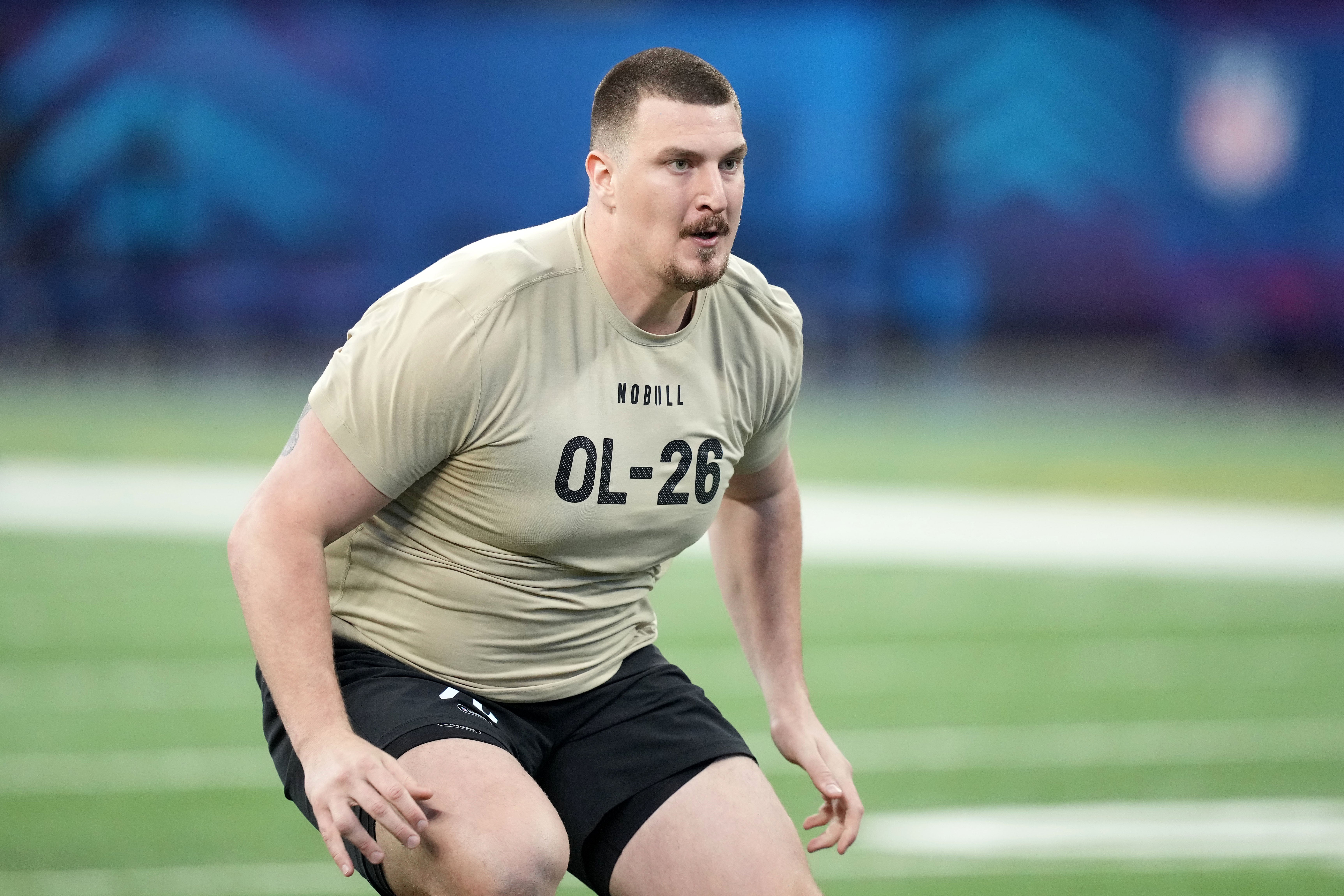 Mar 3, 2024; Indianapolis, IN, USA; South Carolina offensive lineman Nick Gargiulo (OL26) during the 2024 NFL Combine at Lucas Oil Stadium.