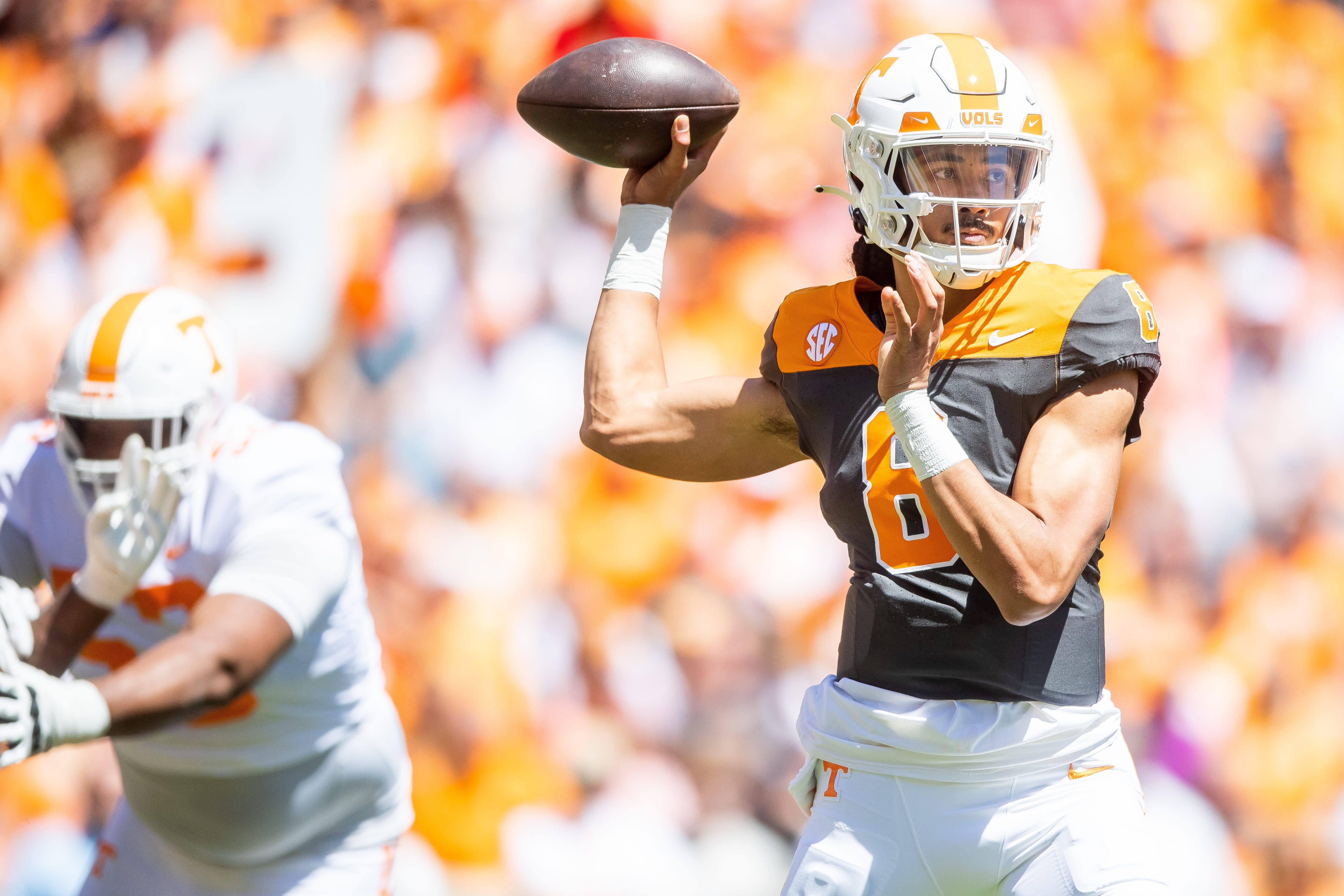 Tennessee quarterback Nico Iamaleava (8) during Tennessee's Orange & White spring football game at Neyland Stadium on Saturday, April 13, 2024.