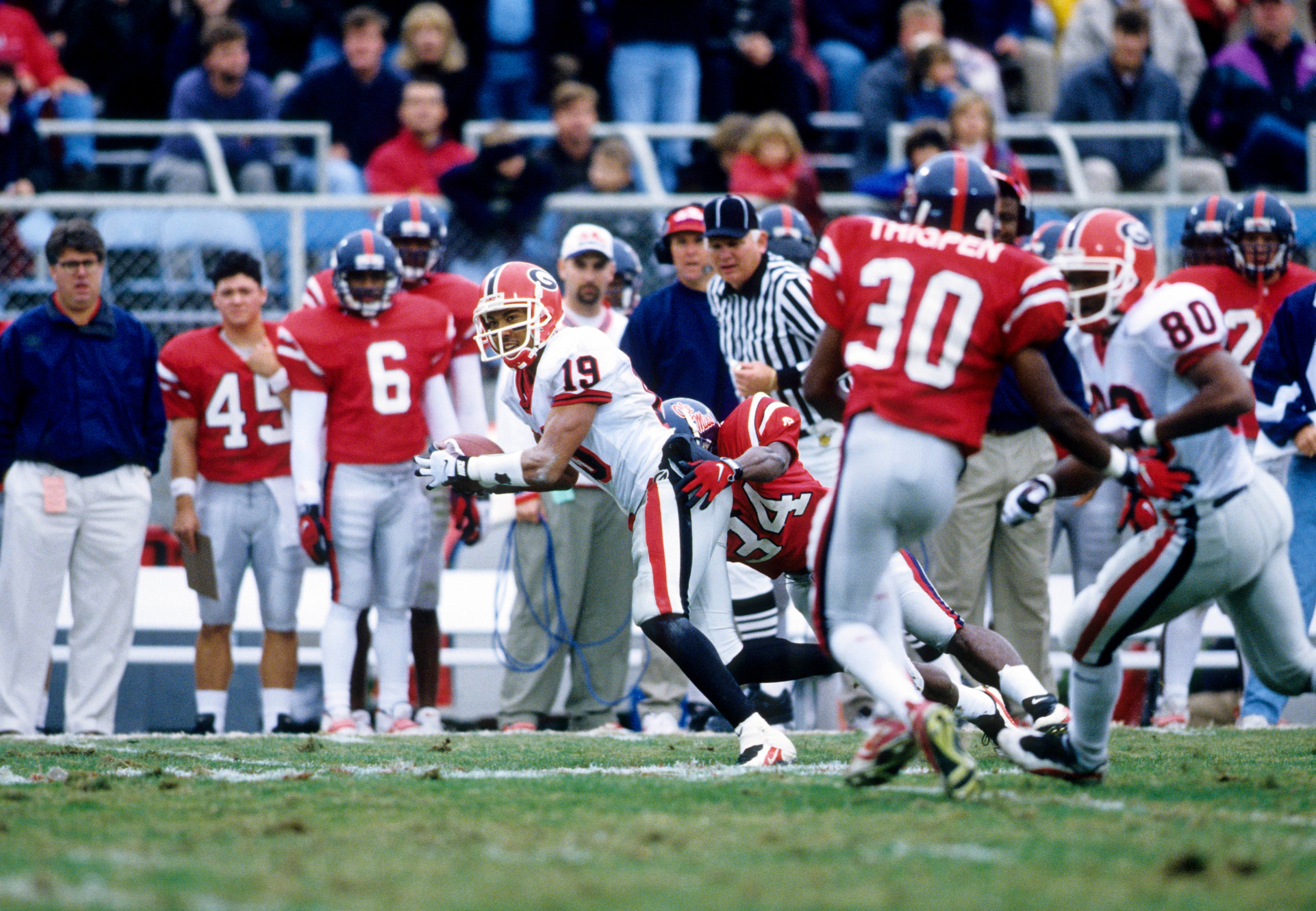 Nov 11, 1997, ; Oxford, MS, USA; FILE PHOTO; Georgia Bulldogs wide receiver Hines Ward (19) fighting for extra yards against the Mississippi Rebels at Vaught-Hemingway Stadium