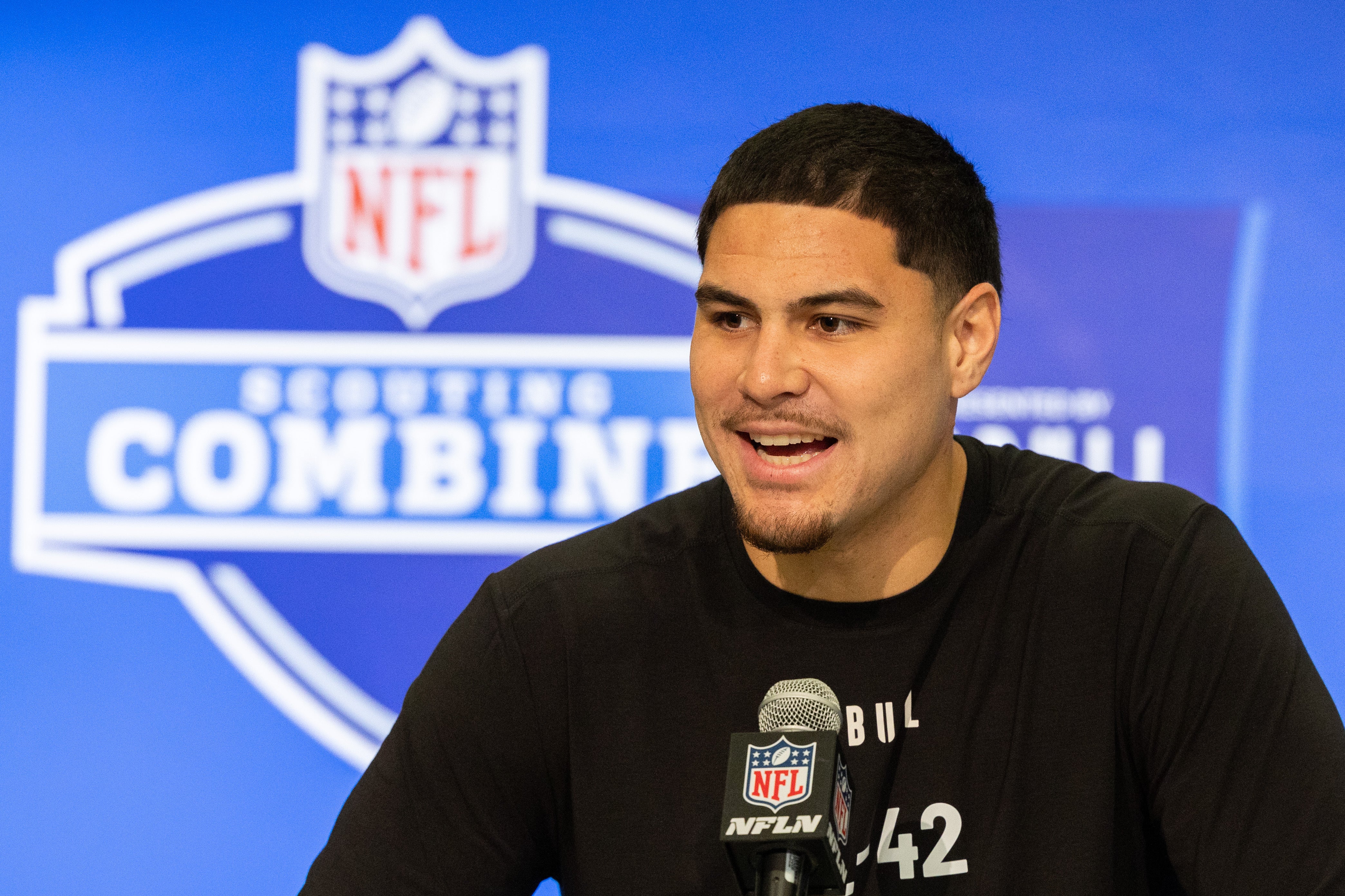 Feb 28, 2024; Indianapolis, IN, USA; UCLA defensive lineman Laiatu Latu (DL42) talks to the media at the 2024 NFL Combine at Indiana Convention Center.