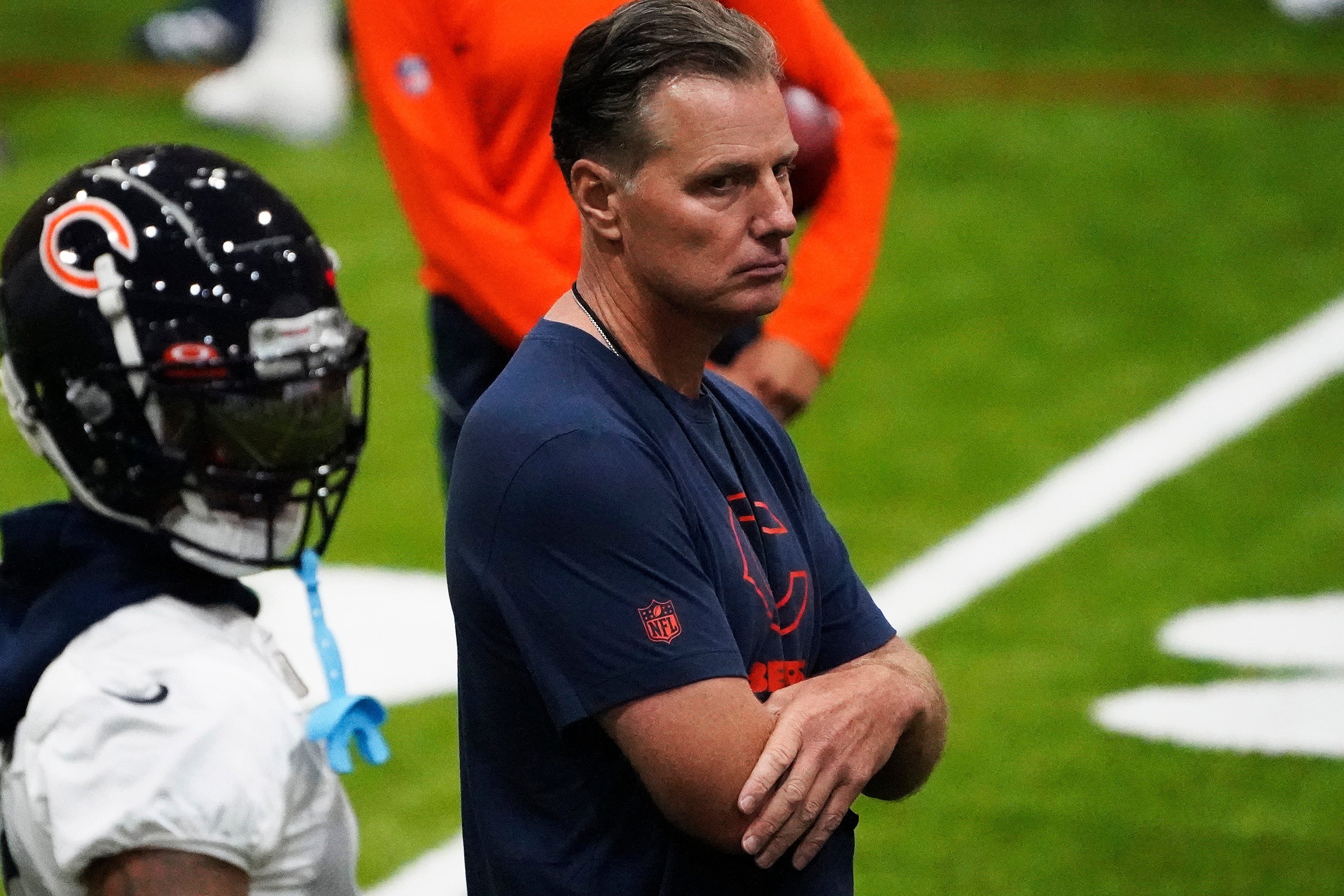 Jul 26, 2023; Lake Forest, IL, USA; Chicago Bears head coach Matt Eberflus watches practice during training camp at Halas Hall.