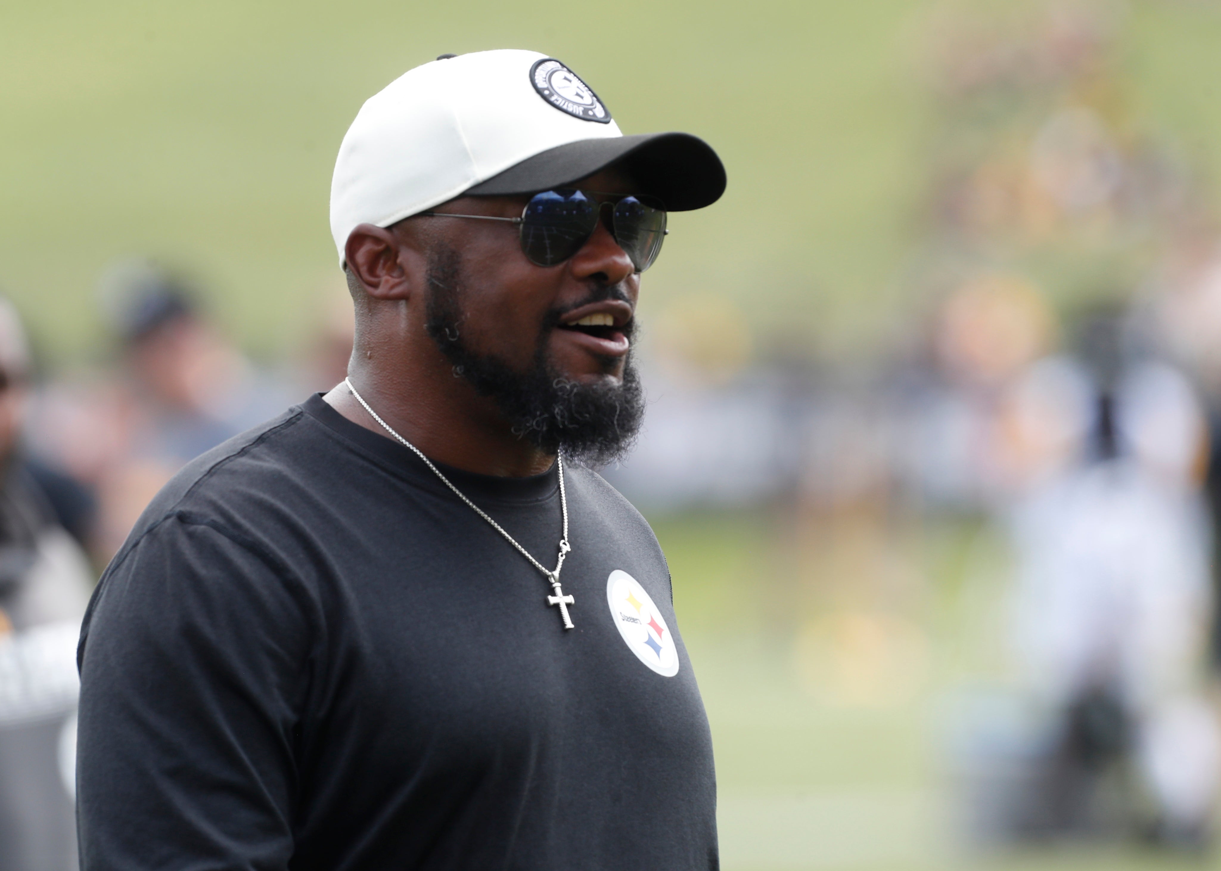 Jul 27, 2023; Latrobe, PA, USA; Pittsburgh Steelers head coach Mike Tomlin observes drills during training camp at Saint Vincent College. Mandatory Credit: Charles LeClaire-USA TODAY Sports