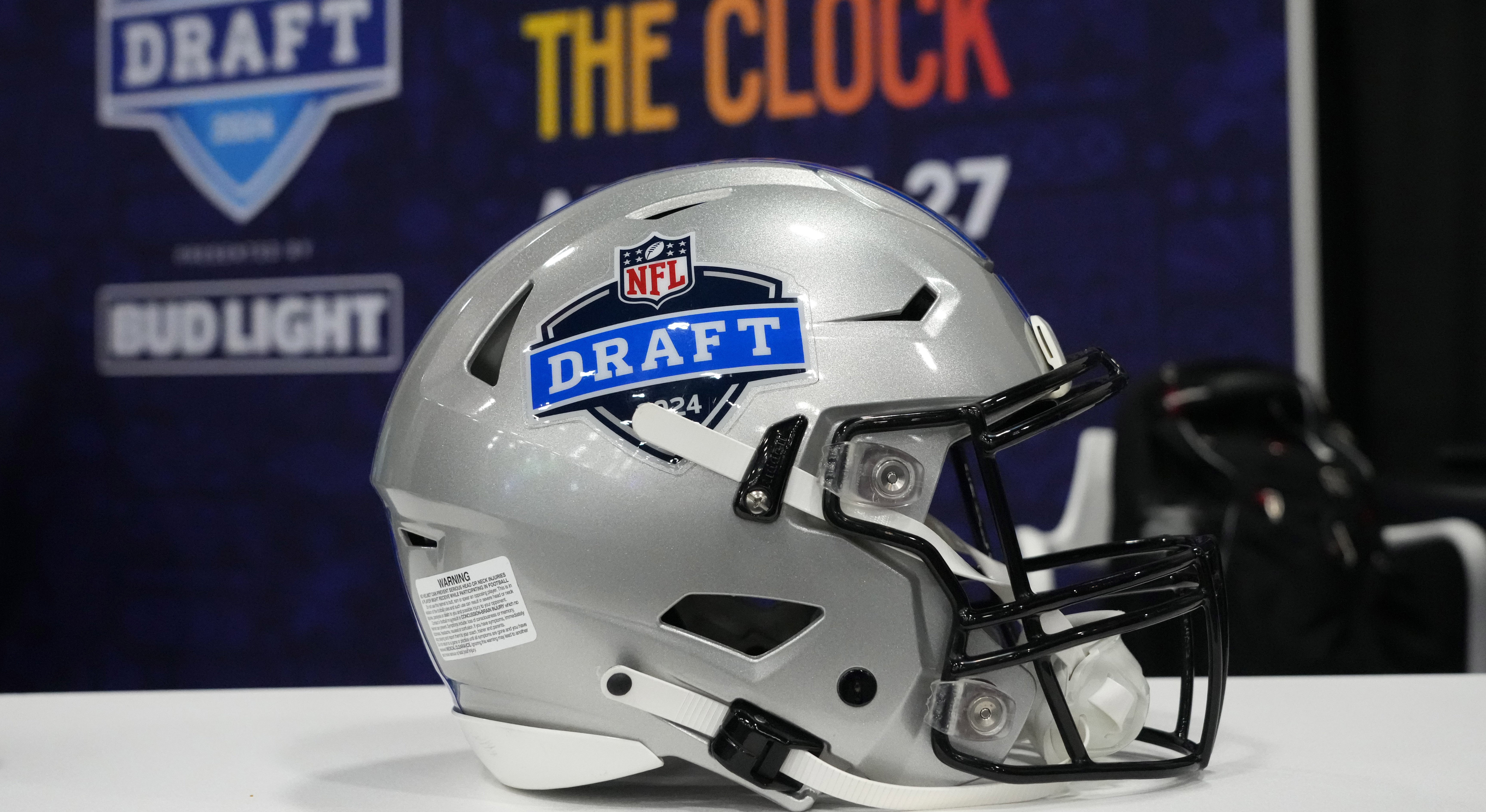 A helmet with the 2024 NFL Draft in Detroit logo at the Super Bowl 58 media center at the Mandalay Bay resort and casino. Kirby Lee-USA TODAY Sports