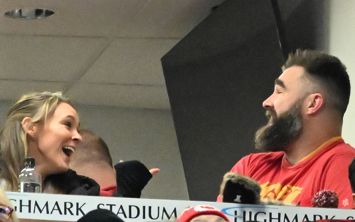 Jan 21, 2024; Orchard Park, New York, USA; Jason Kelce (right) and Kylie Kelce (left) watch the game from the suites in the first half of the 2024 AFC divisional round game between the Buffalo Bills and the Kansas City Chiefs at Highmark Stadium.