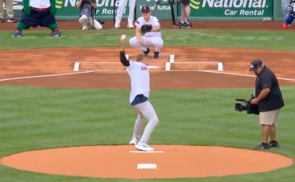 Rob Gronkowski throws out the first pitch at the Red Sox game on Marathon Monday