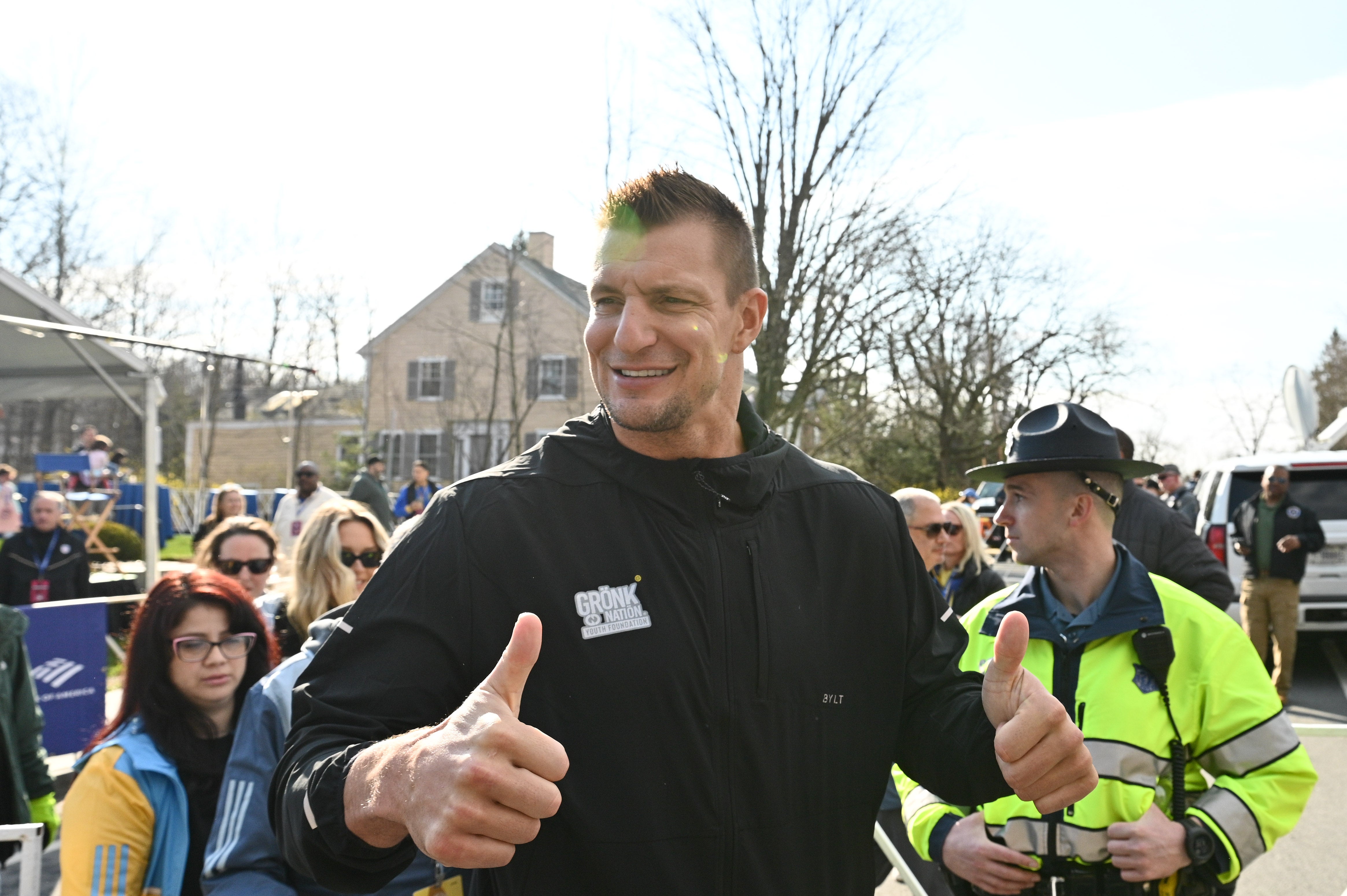 Apr 15, 2024; Boston, MA, USA; Retired NFL player Rob Gronkowski at the start of the 2024 Boston Marathon.