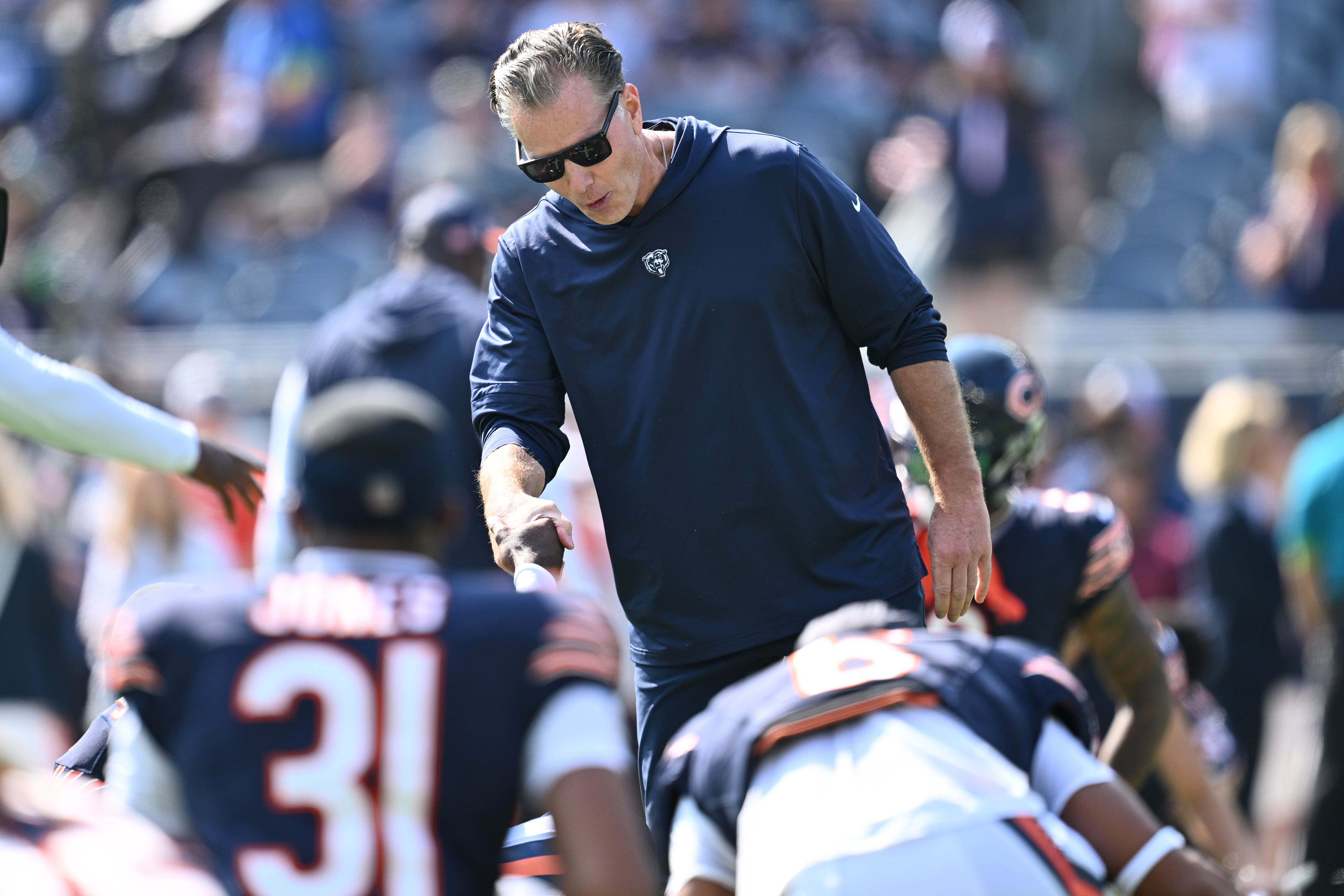 Sep 10, 2023; Chicago, Illinois, USA; Chicago Bears head coach Matt Eberflus meets with his players before a game against the Green Bay Packers at Soldier Field.