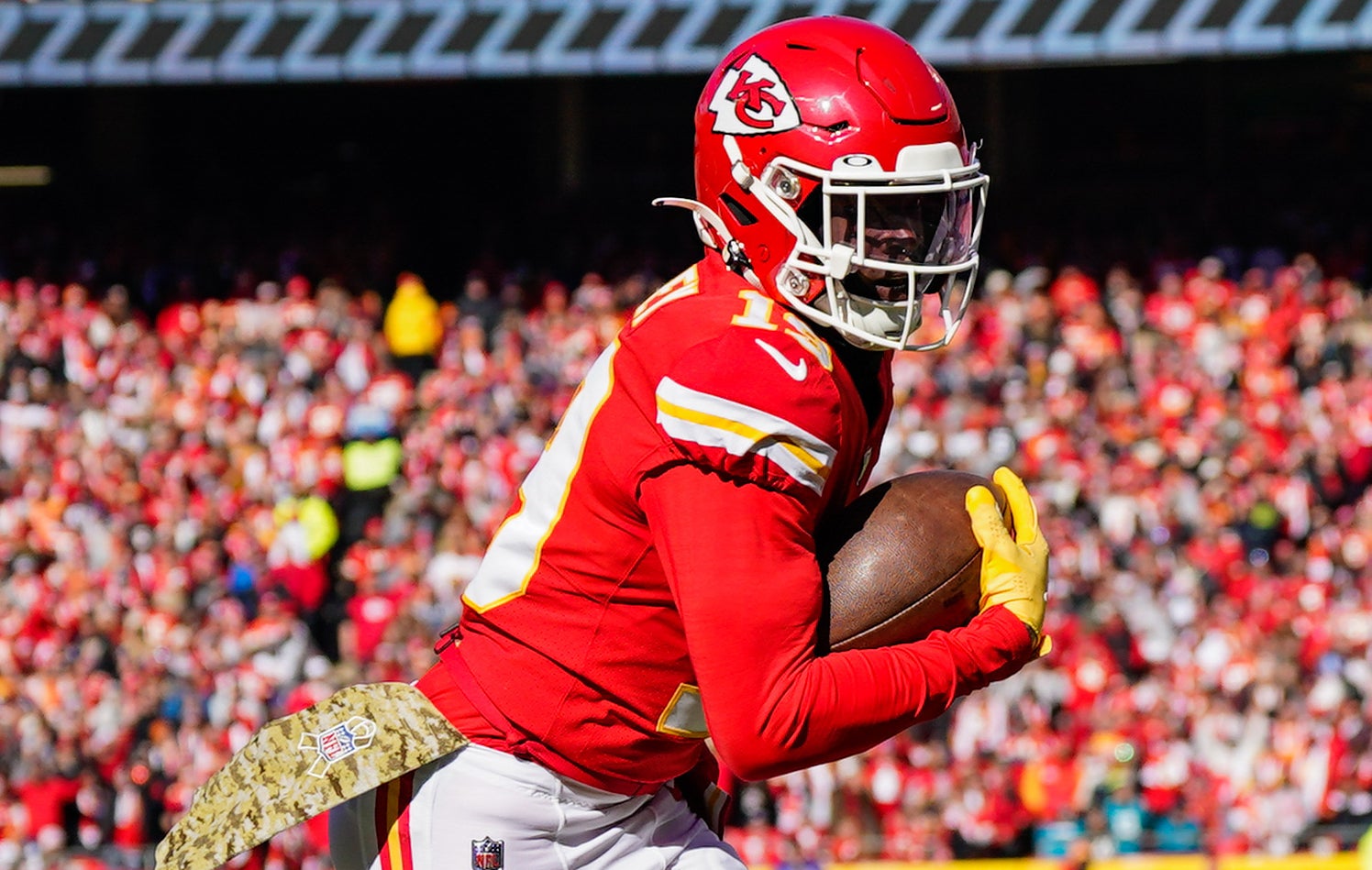 Nov 13, 2022; Kansas City, Missouri, USA; Kansas City Chiefs wide receiver Kadarius Toney (19) scores a touchdown during the first half against the Jacksonville Jaguars at GEHA Field at Arrowhead Stadium.