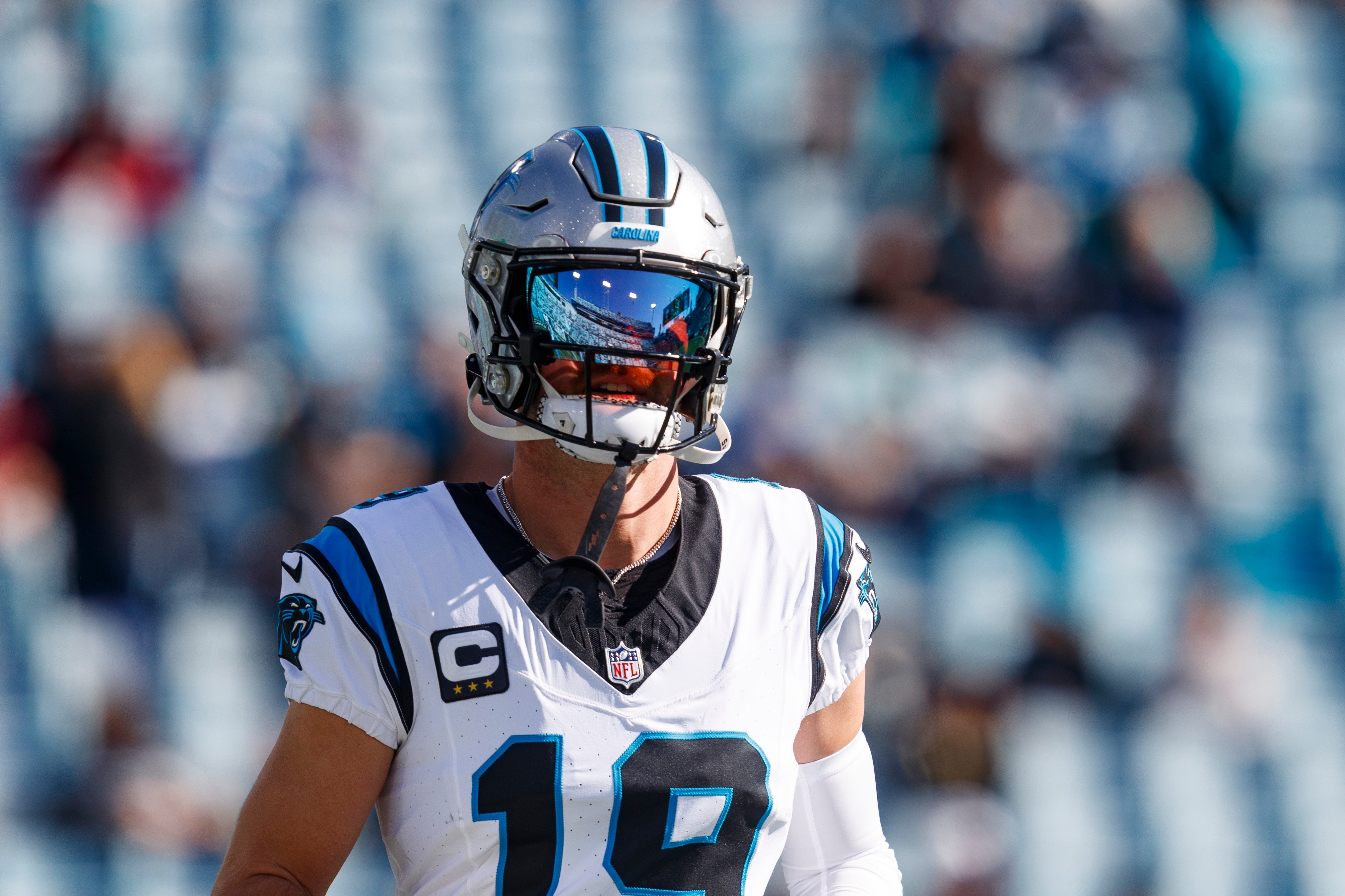 Dec 31, 2023; Jacksonville, Florida, USA; Carolina Panthers wide receiver Adam Thielen (19) during warm-ups against the Jacksonville Jaguars at EverBank Stadium. Mandatory Credit: Morgan Tencza-USA TODAY Sports