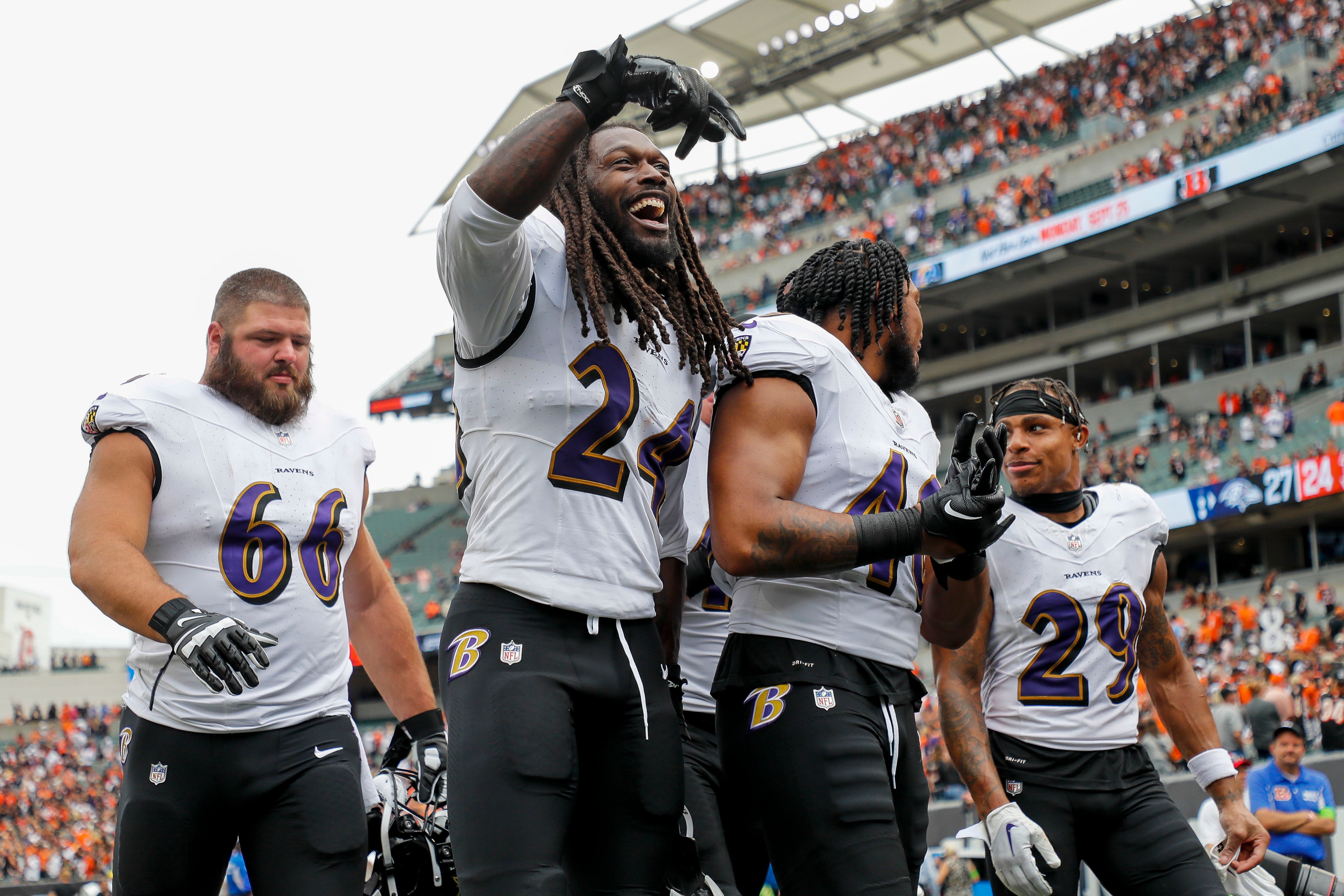 Sep 17, 2023; Cincinnati, Ohio, USA; Baltimore Ravens linebacker Jadeveon Clowney (24) walks off the field after the victory over the Cincinnati Bengals at Paycor Stadium. Mandatory Credit: Katie Stratman-USA TODAY Sports
