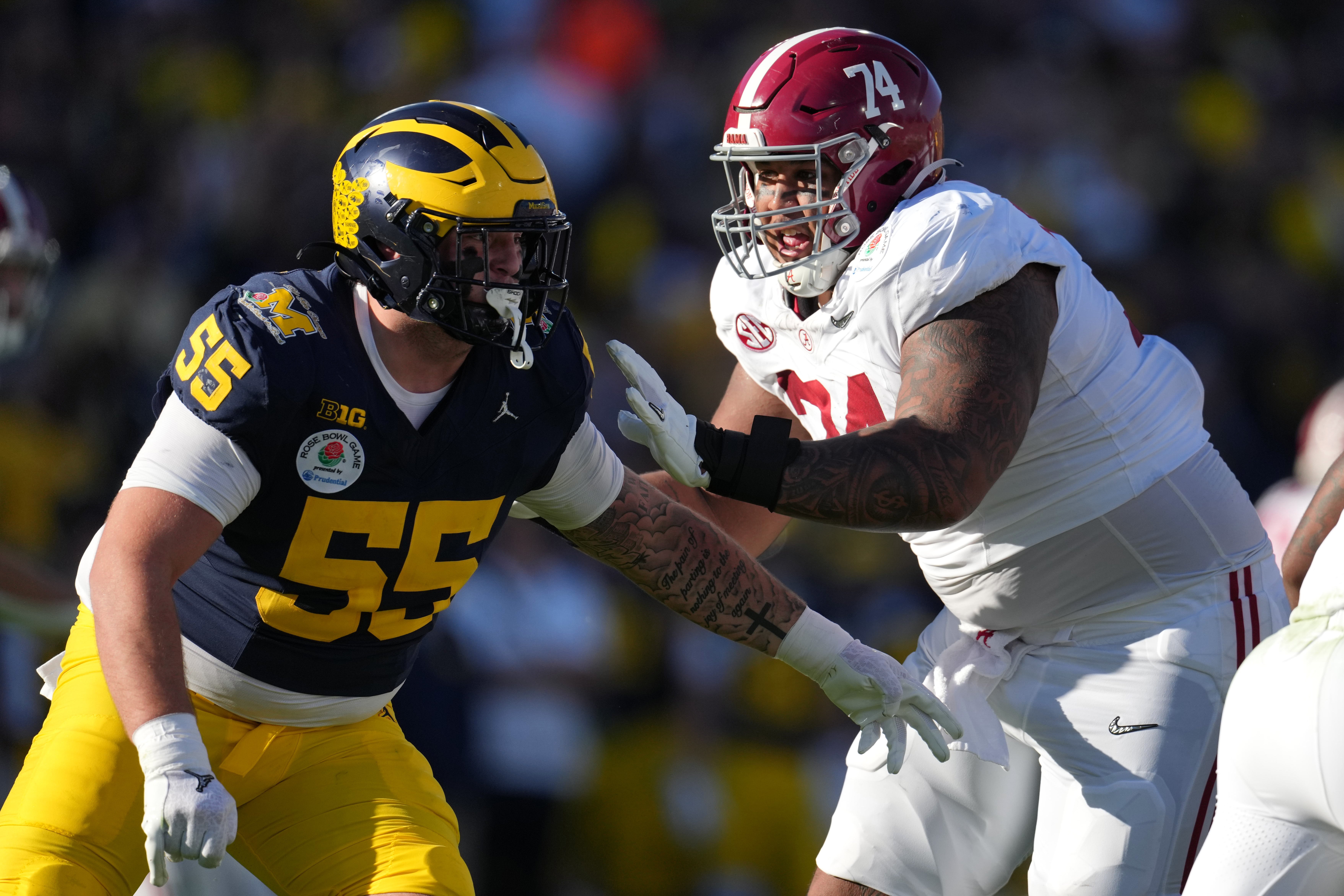 Jan 1, 2024; Pasadena, CA, USA; Alabama Crimson Tide offensive lineman Kadyn Proctor (74) blocks Michigan Wolverines defensive lineman Mason Graham (55) during the first half in the 2024 Rose Bowl college football playoff semifinal game at Rose Bowl.