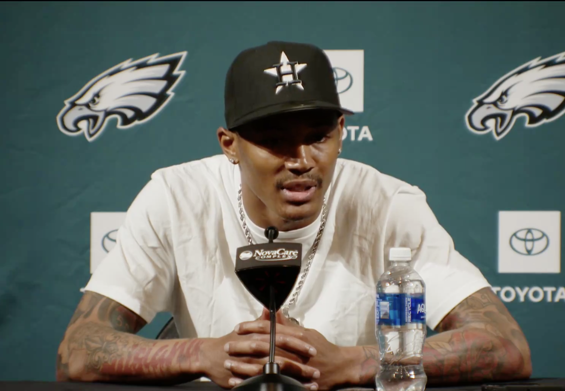 Philadelphia Eagles wide receiver DeVonta Smith addresses media after signing contract extension.