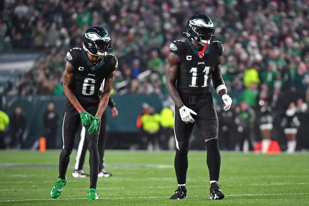 Philadelphia Eagles wide receiver DeVonta Smith (6) and wide receiver A.J. Brown (11) against the New York Giants at Lincoln Financial Field.
