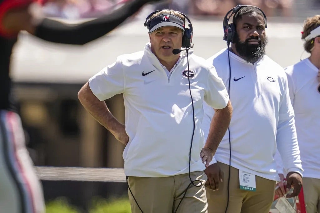 Georgia Bulldogs head coach Kirby Smart on the field during the G-Day Game at Sanford Stadium.
