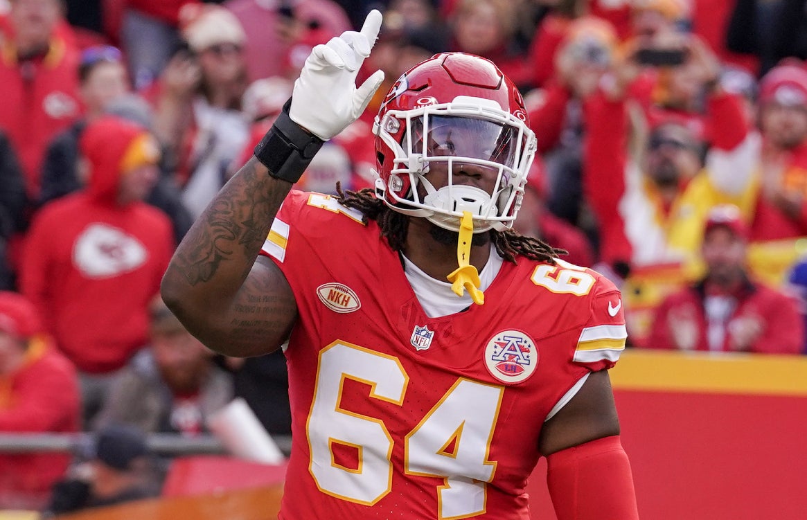 Dec 10, 2023; Kansas City, Missouri, USA; Kansas City Chiefs offensive tackle Wanya Morris (64) is introduced against the Buffalo Bills prior to a game at GEHA Field at Arrowhead Stadium.