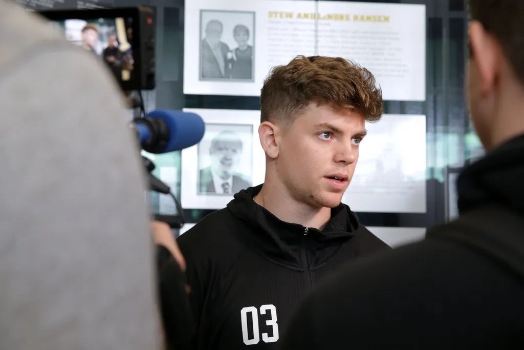 Iowa s defensive back Cooper DeJean talks to the media following his Pro Day Monday, March 18, 2024 in Iowa City, Iowa.