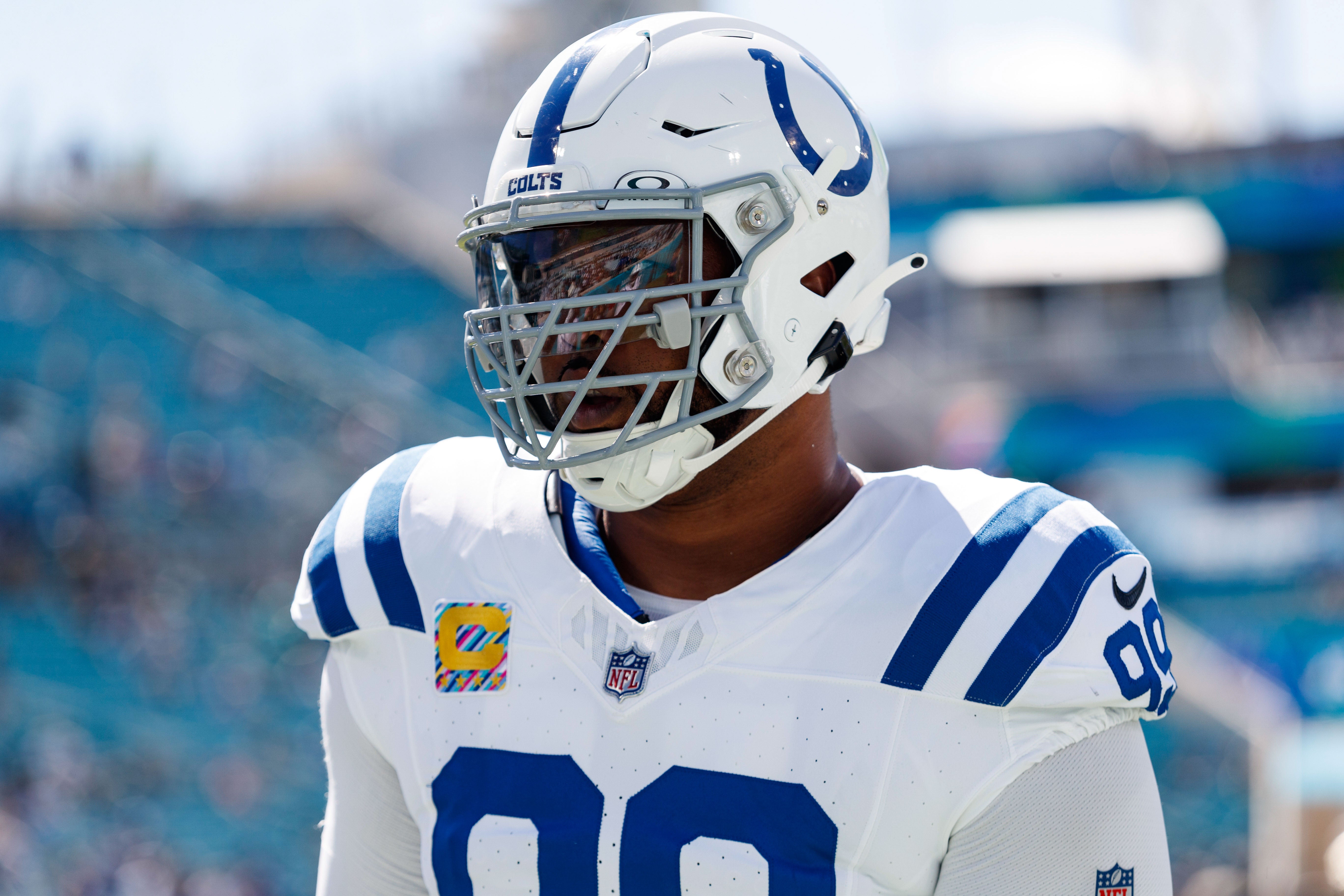 Oct 15, 2023; Jacksonville, Florida, USA; Indianapolis Colts defensive tackle DeForest Buckner (99) before the game against the Jacksonville Jaguars at EverBank Stadium.