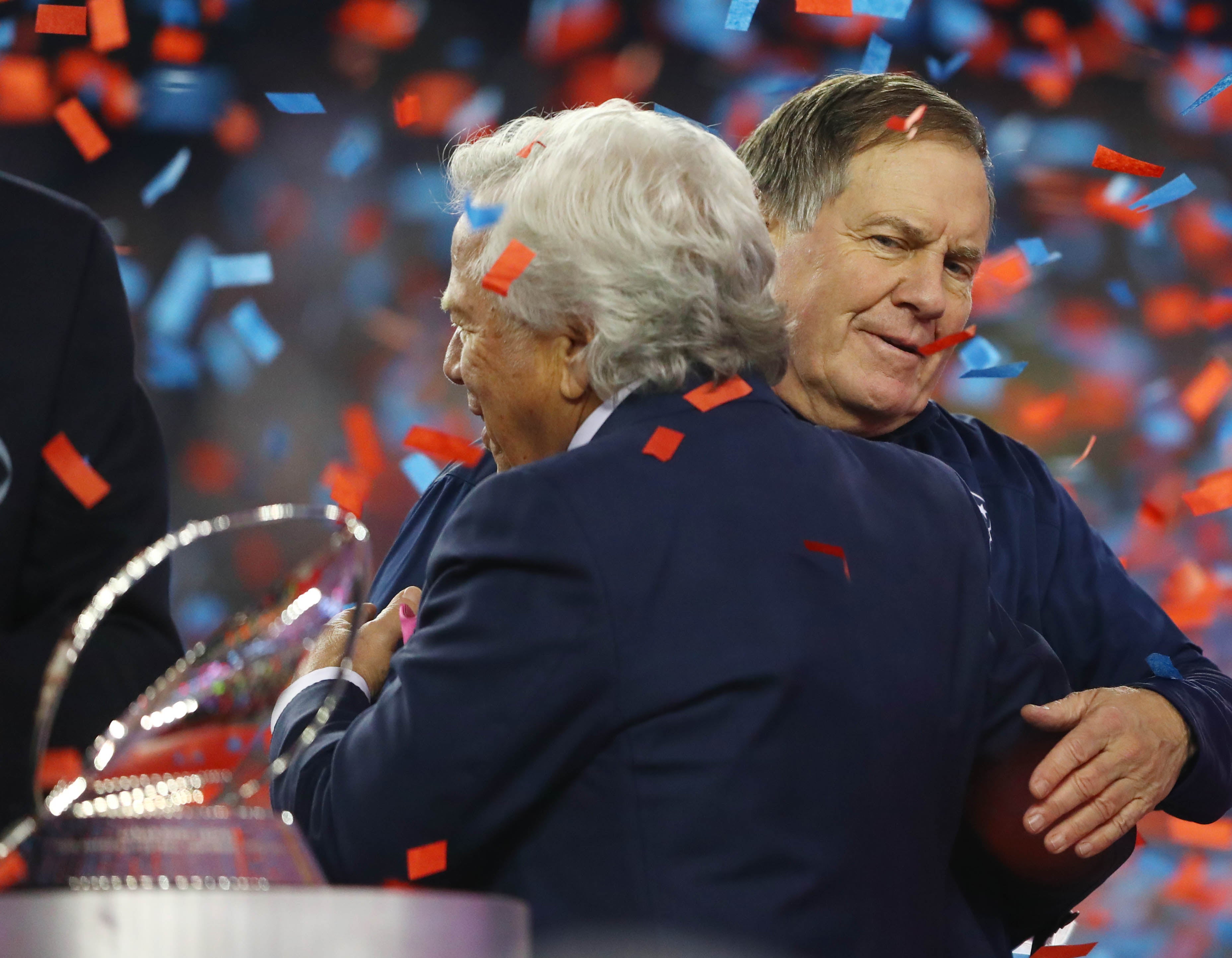 Jan 21, 2018; Foxborough, MA, USA; New England Patriots owner Robert Kraft (left) hugs head coach Bill Belichick(right) after the AFC Championship Game against the Jacksonville Jaguars at Gillette Stadium.