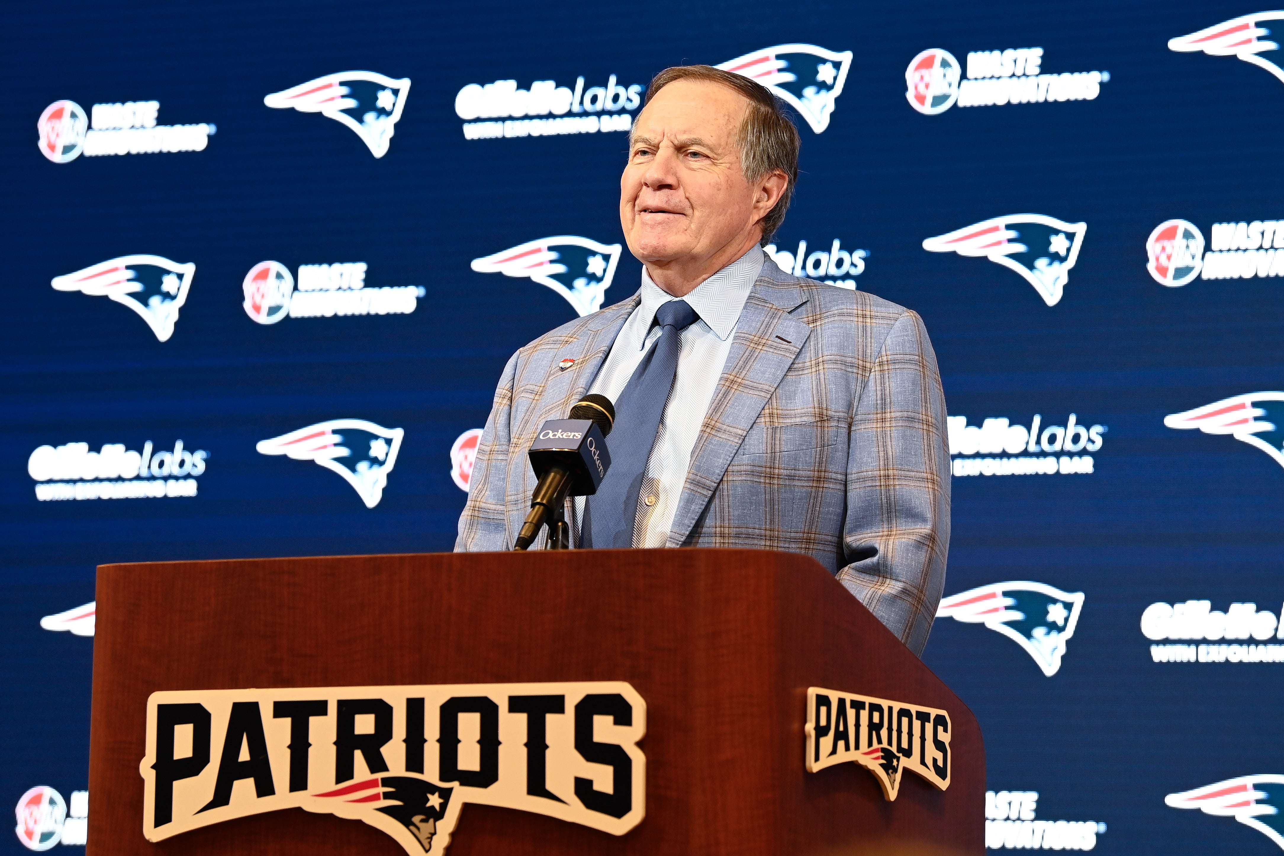 Jan 11, 2024; Foxborough, MA, USA; New England Patriots former head coach Bill Belichick holds a press conference at Gillette Stadium to announce his exit from the team. Mandatory Credit: Eric Canha-USA TODAY Sports