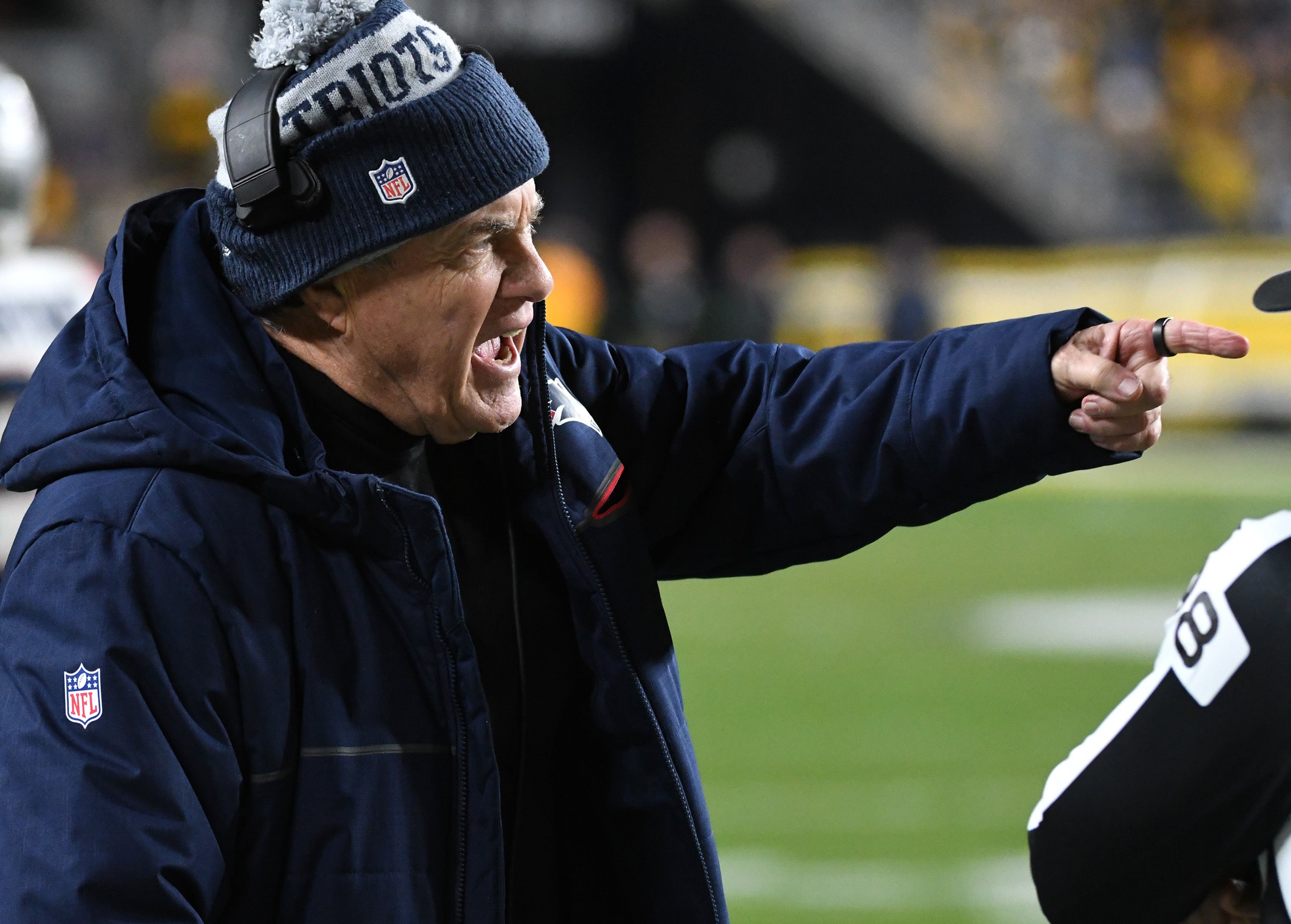 Dec 7, 2023; Pittsburgh, Pennsylvania, USA; New England Patriots head coach Bill Belichick yells to a referee about a call against the Pittsburgh Steelers during the fourth quarter at Acrisure Stadium. The Steelers lost 21-18. 