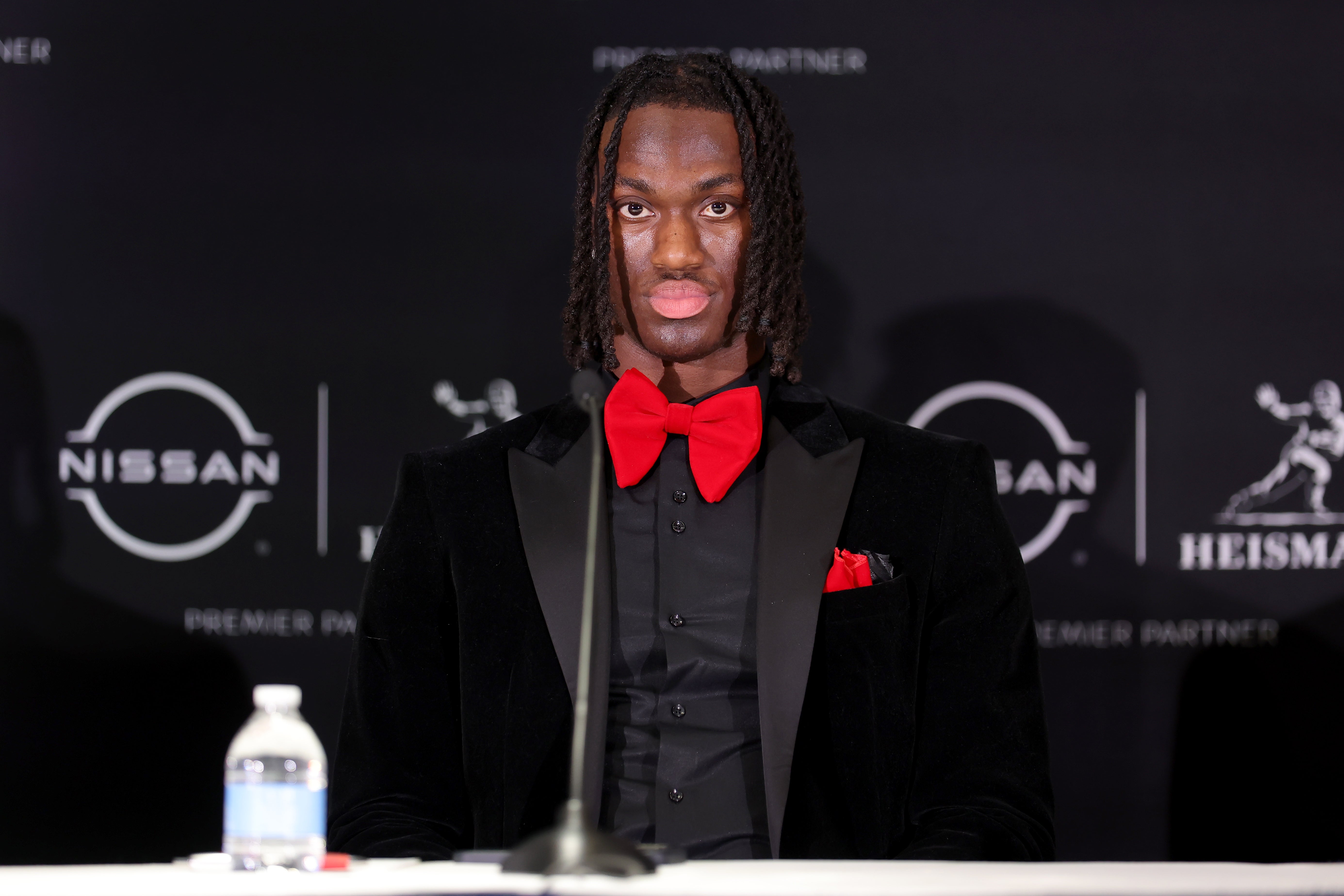 Ohio State Buckeyes wide receiver Marvin Harrison Jr. meets the media during a press conference in the Astor ballroom at the New York Marriott Marquis before the presentation of the Heisman trophy.