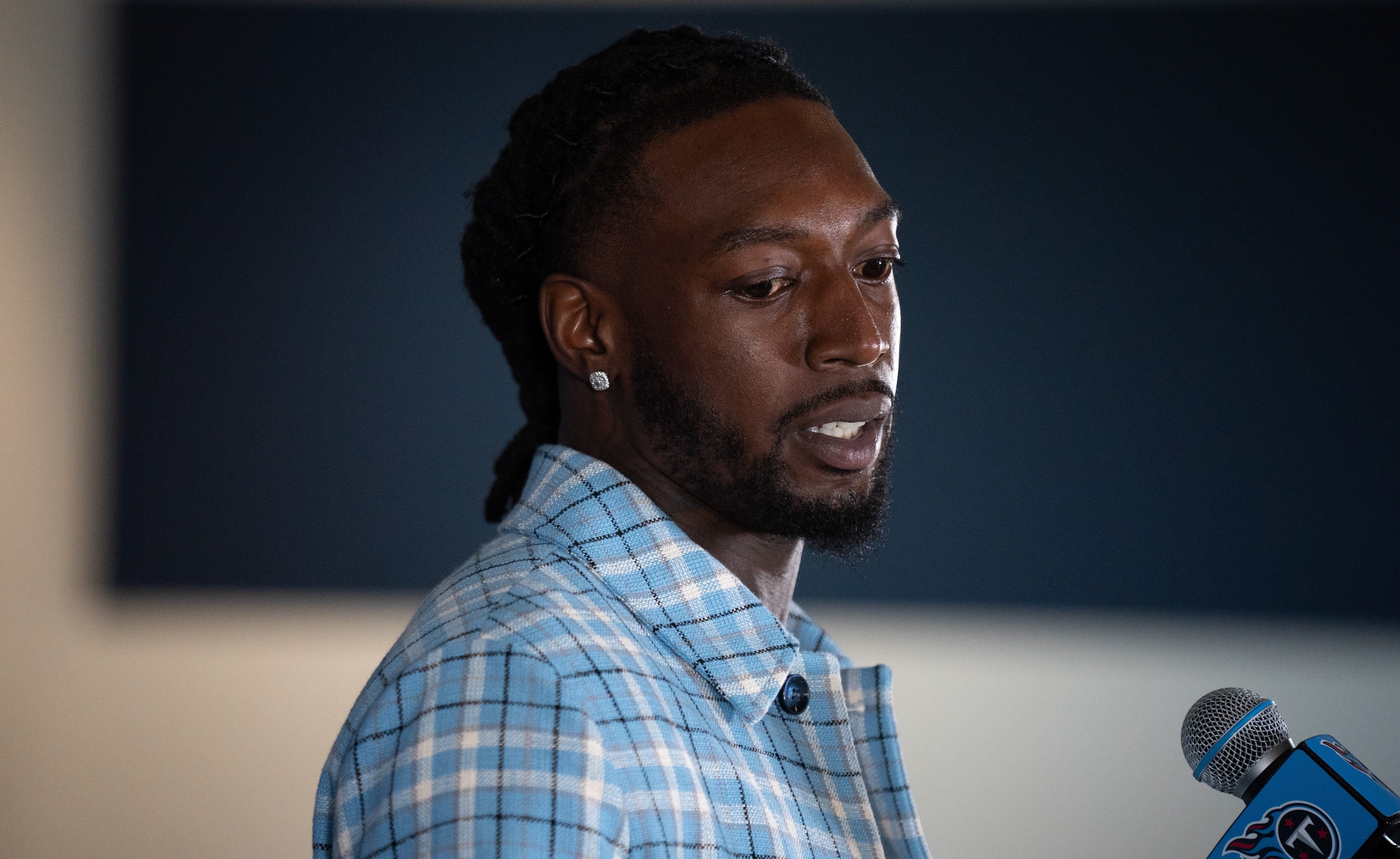 Tennessee Titans newly signed free agent wide receiver Calvin Ridley fields questions during his introduction to the media at Ascension Saint Thomas Sports Park in Nashville, Tenn., Friday, March 15, ... Denny Simmons / The Tennessean-USA TODAY NETWORK