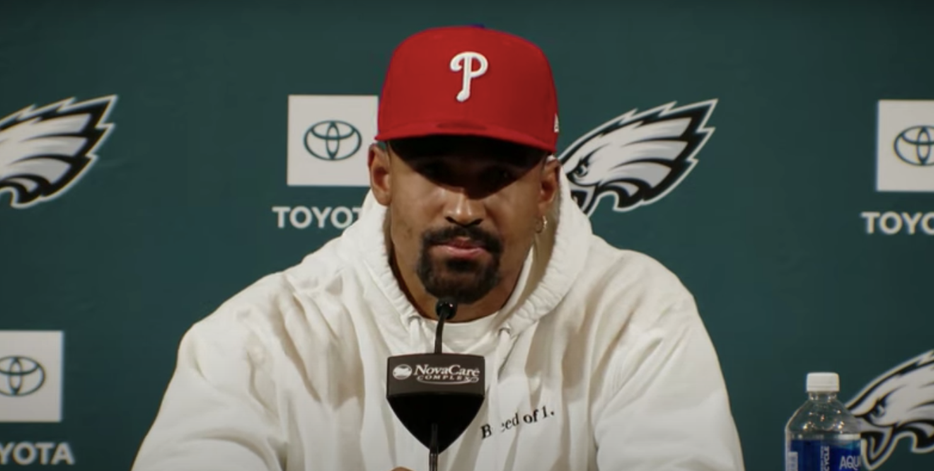 Jalen Hurts speaks to the media during Phase One of the Philadelphia Eagles offseason workout program.