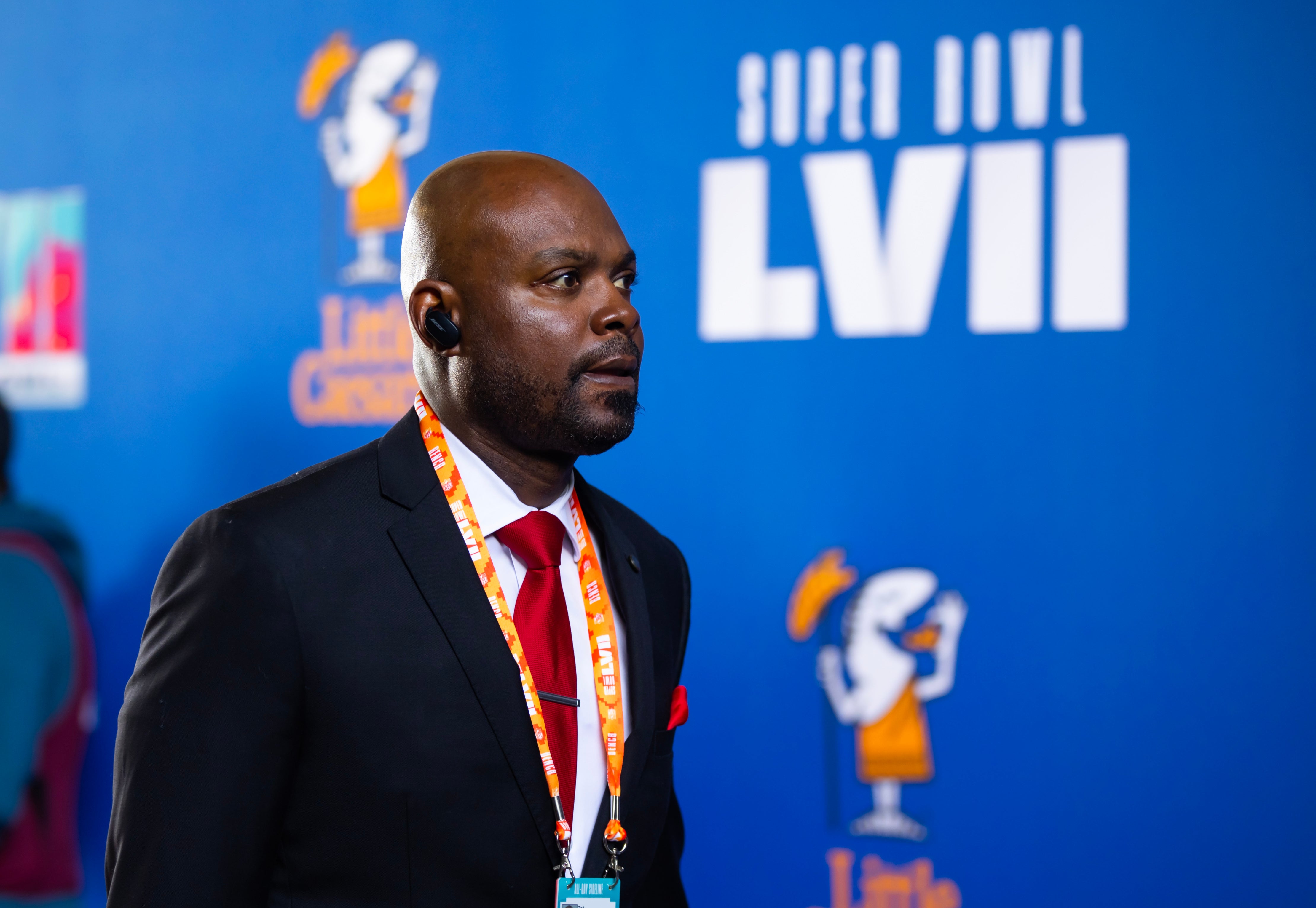 Feb 12, 2023; Glendale, Arizona, US; Kansas City Chiefs executive vice president of communications Ted Crews against the Philadelphia Eagles during Super Bowl LVII at State Farm Stadium.