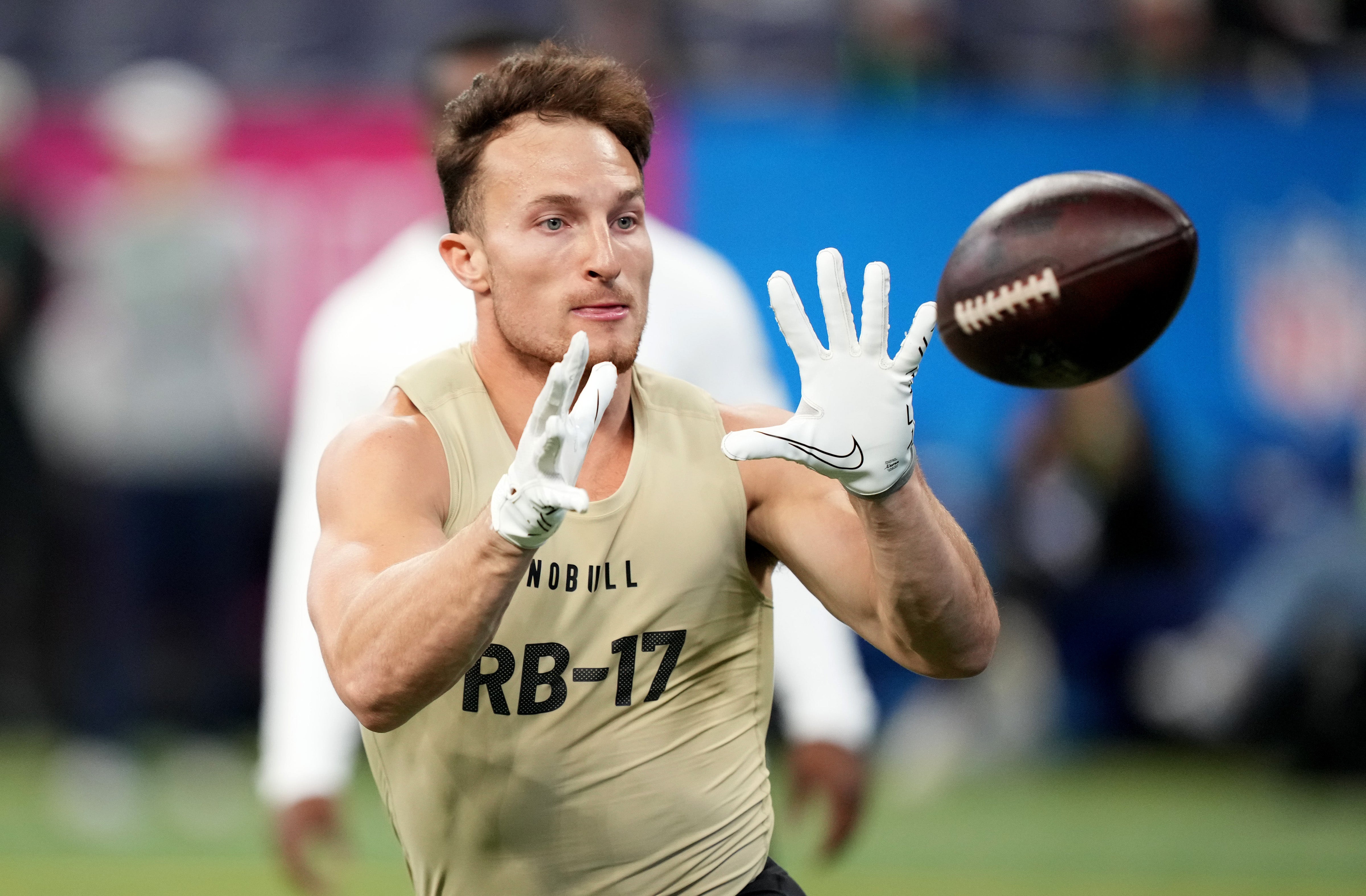 Mar 2, 2024; Indianapolis, IN, USA; New Hampshire running back Dylan Laube (RB17) during the 2024 NFL Combine at Lucas Oil Stadium.