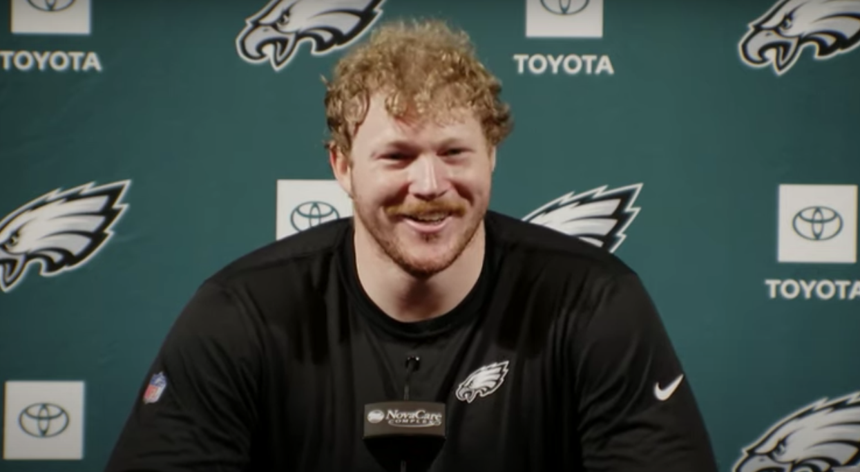 Eagles OL Cam Jurgens reacts to taking over Jason Kelce's locker.