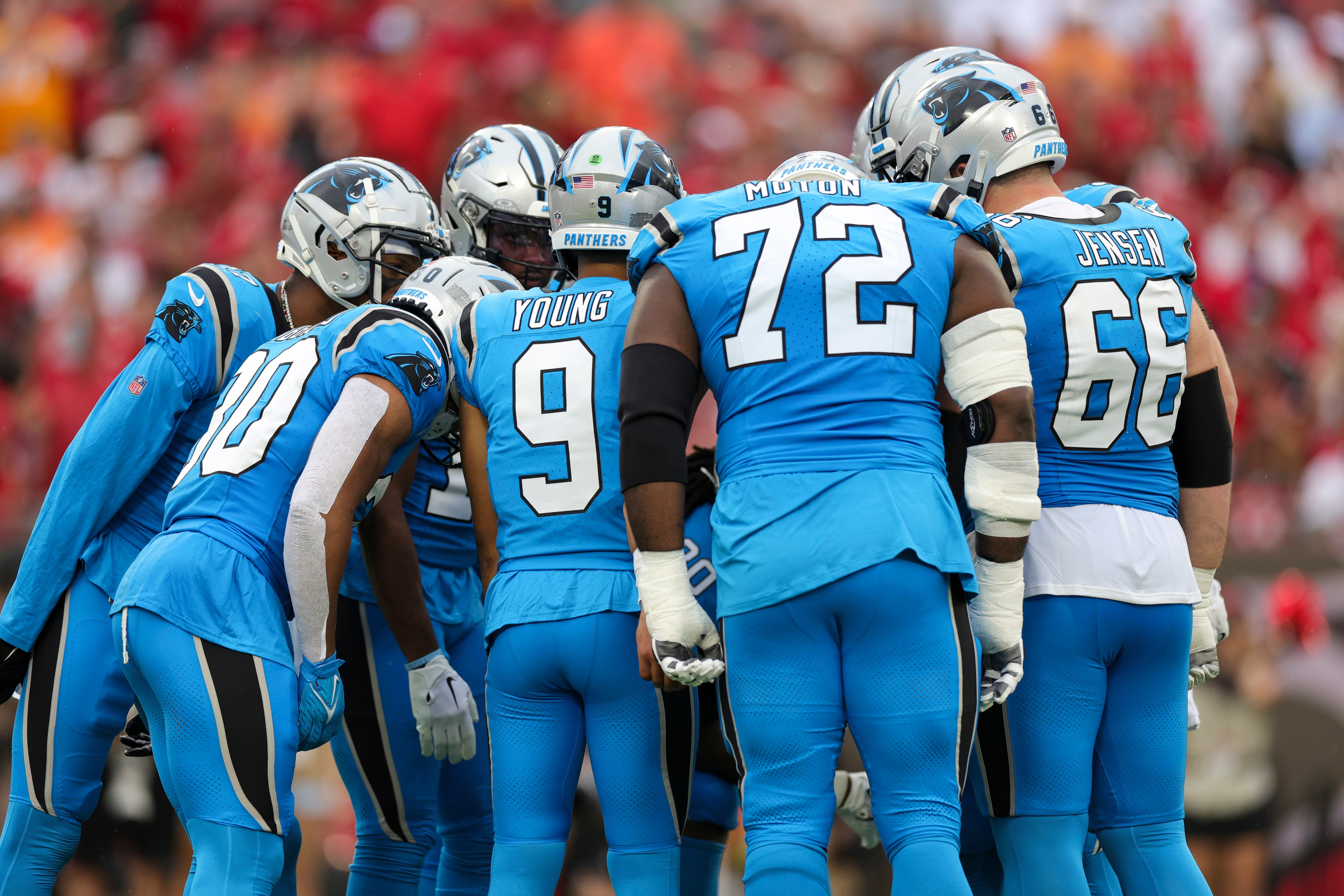 Dec 3, 2023; Tampa, Florida, USA; Carolina Panthers quarterback Bryce Young (9) leads a huddle against the Tampa Bay Buccaneers in the first quarter at Raymond James Stadium. Mandatory Credit: Nathan Ray Seebeck-USA TODAY Sports