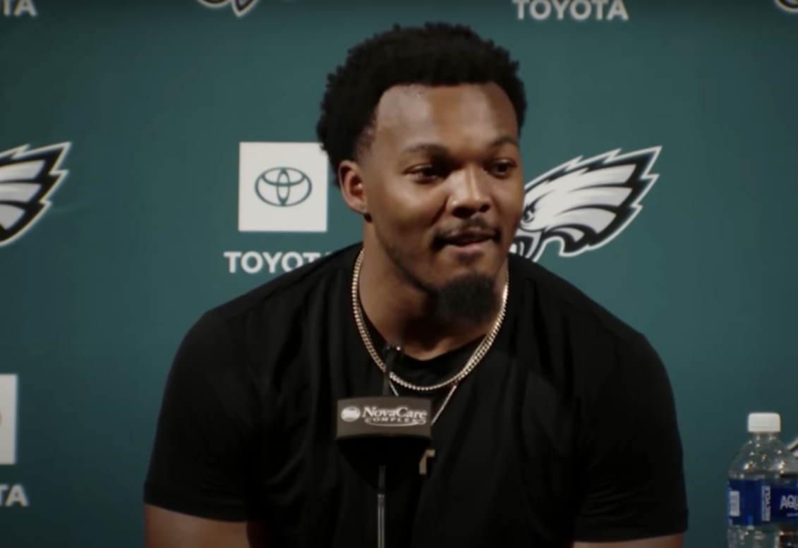 Philadelphia Eagles LB Nakobe Dean speaks to the media during phase one of offseason voluntary workouts.
