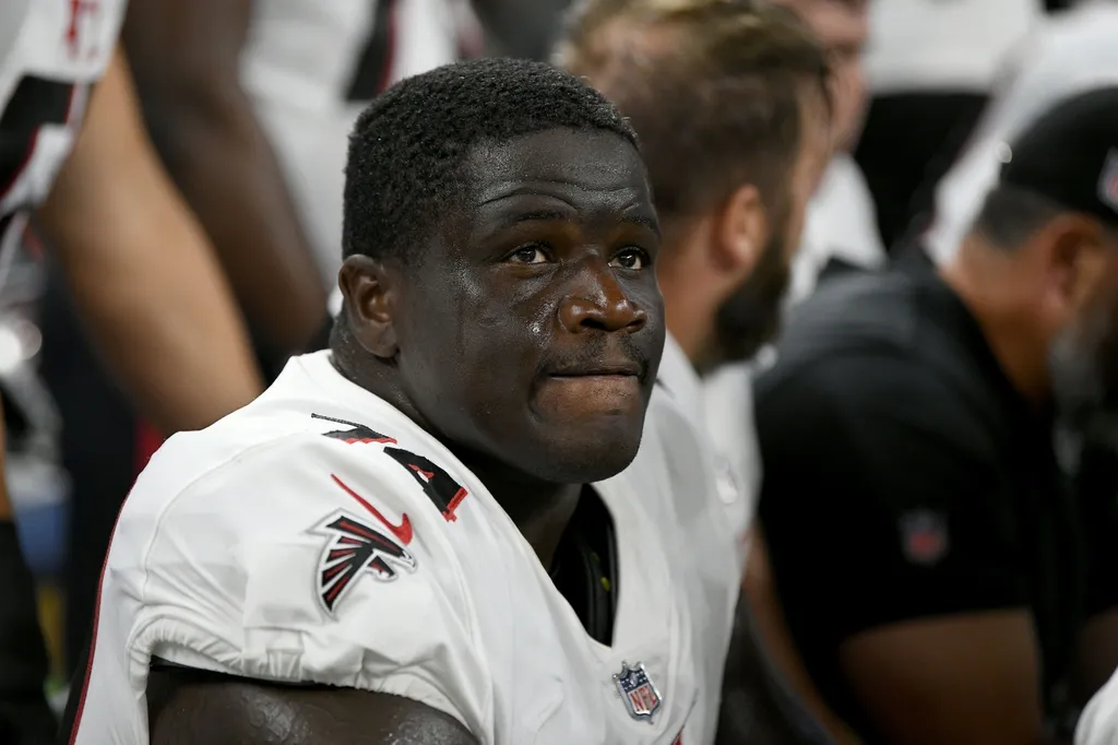 Atlanta Falcons offensive lineman Germain Ifedi (74) on the sidelines during their preseason game against the Detroit Lions at Ford Field.