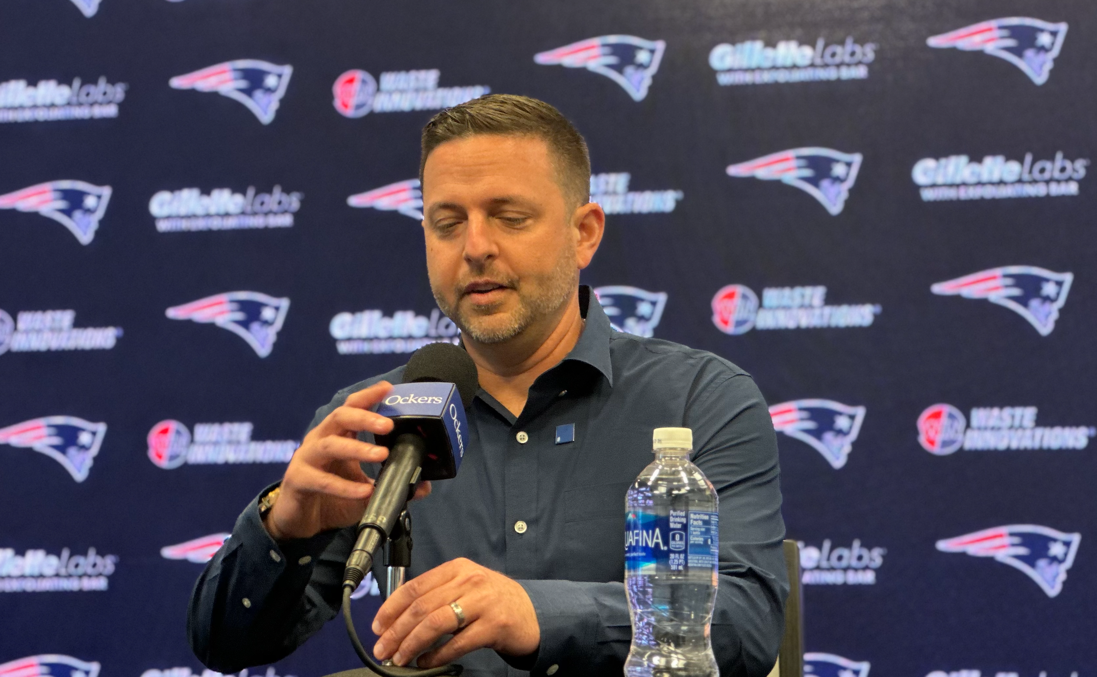 Patriots de facto GM Eliot Wolf speaks with the media on Thursday prior to the NFL Draft