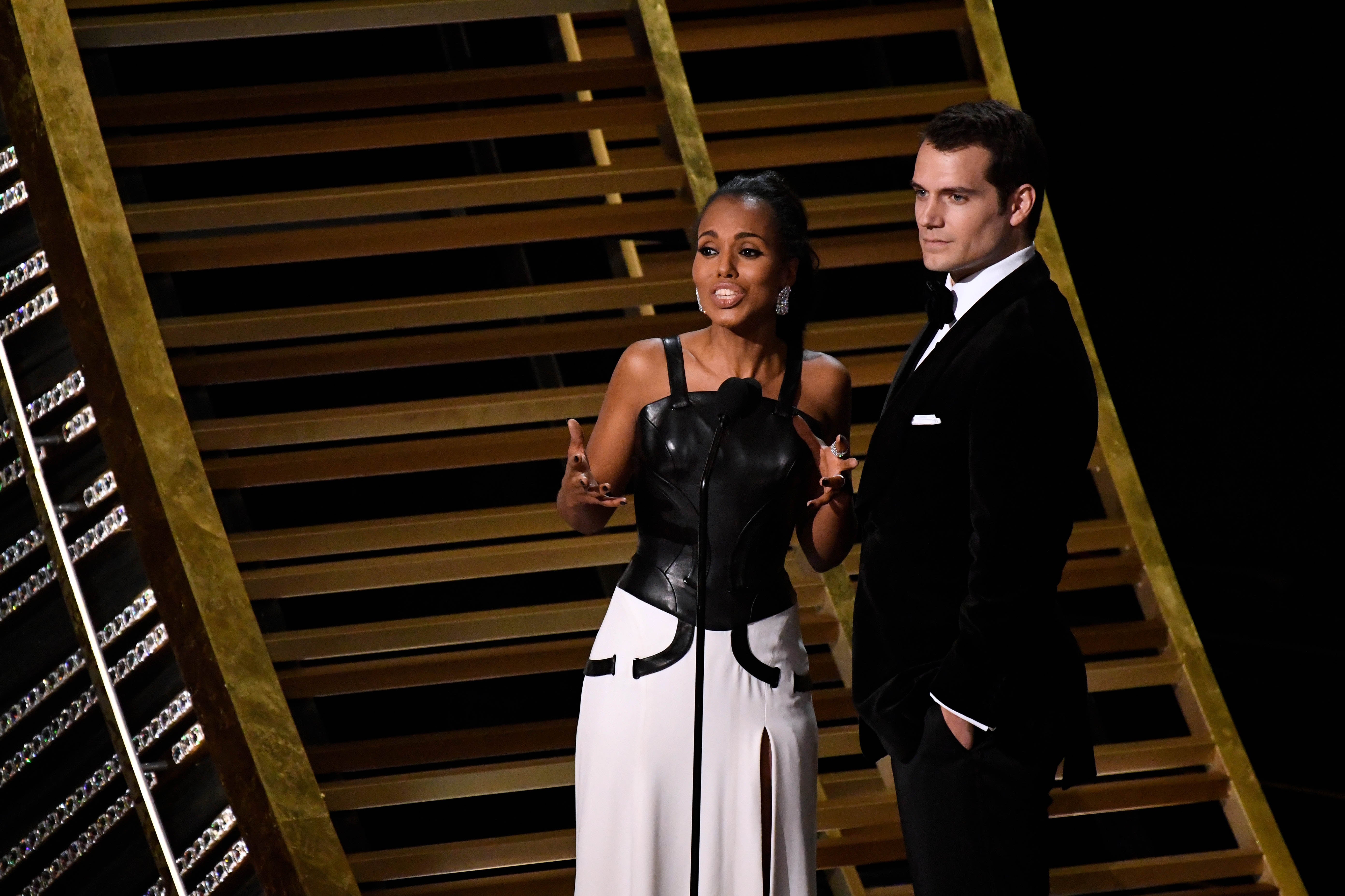 Feb 28, 2016; Hollywood, CA, USA; Kerry Washington and Henry Cavill speak onstage during the 88th annual Academy Awards at the Dolby Theater.